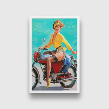 Lady on a bike Vintage Art Painting - Meri Deewar 2 : 3 Vertical Premium Wall Art Canvas by MeriDeewar