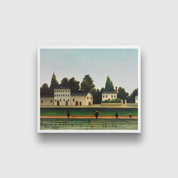 Landscape and Four Fisherman painting - Meri Deewar 6 : 5 Horizontal Premium Wall Art Canvas by MeriDeewar