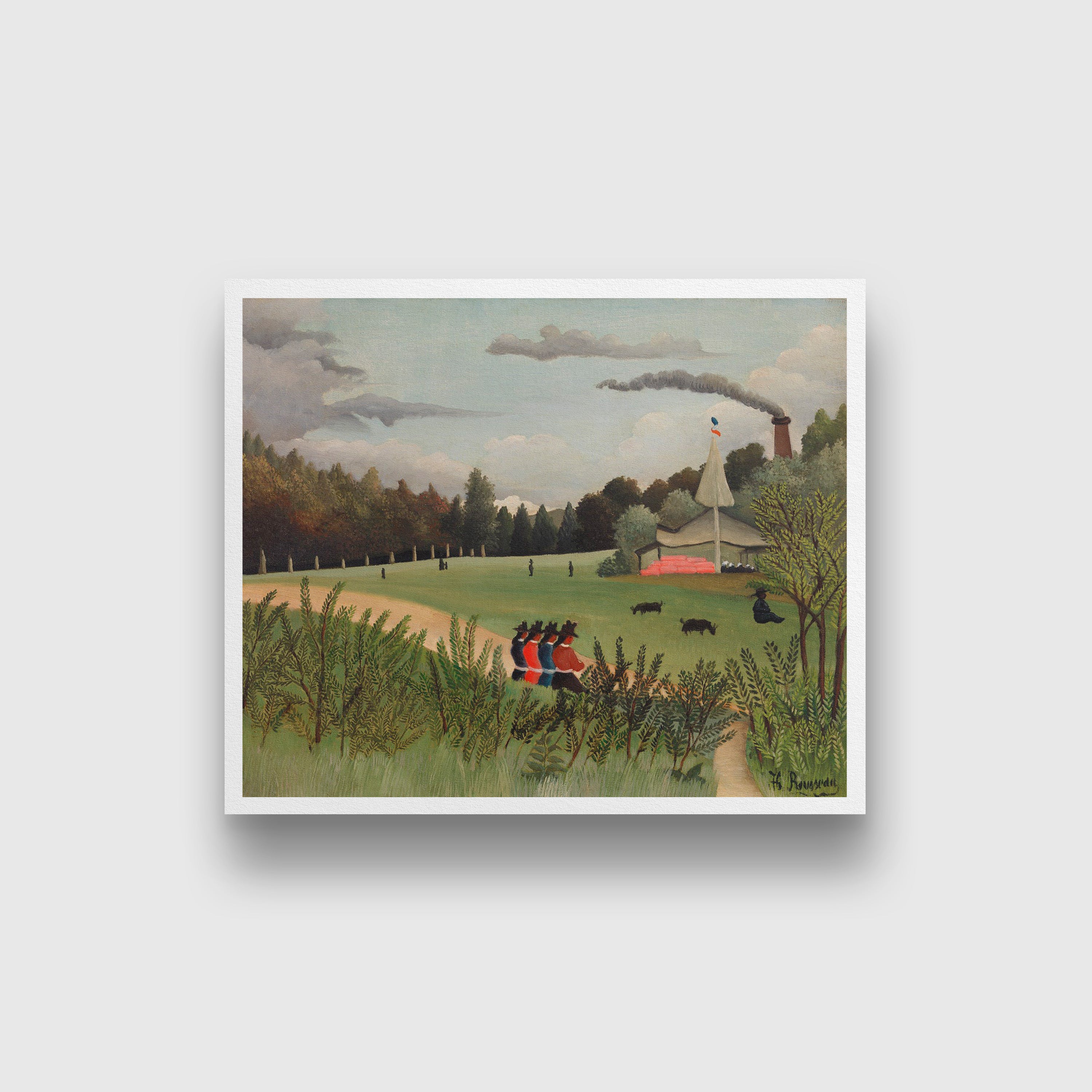 Landscape and Four Young Girls painting - Meri Deewar 5 : 4 Horizontal Premium Wall Art Canvas by MeriDeewar