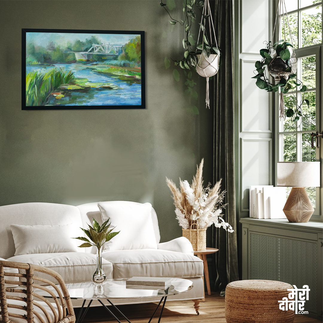 Landscape River With Railway Bridge Cold Gray Blue Light Painting 3 : 2 Horizontal Premium Wall Art Canvas by MeriDeewar