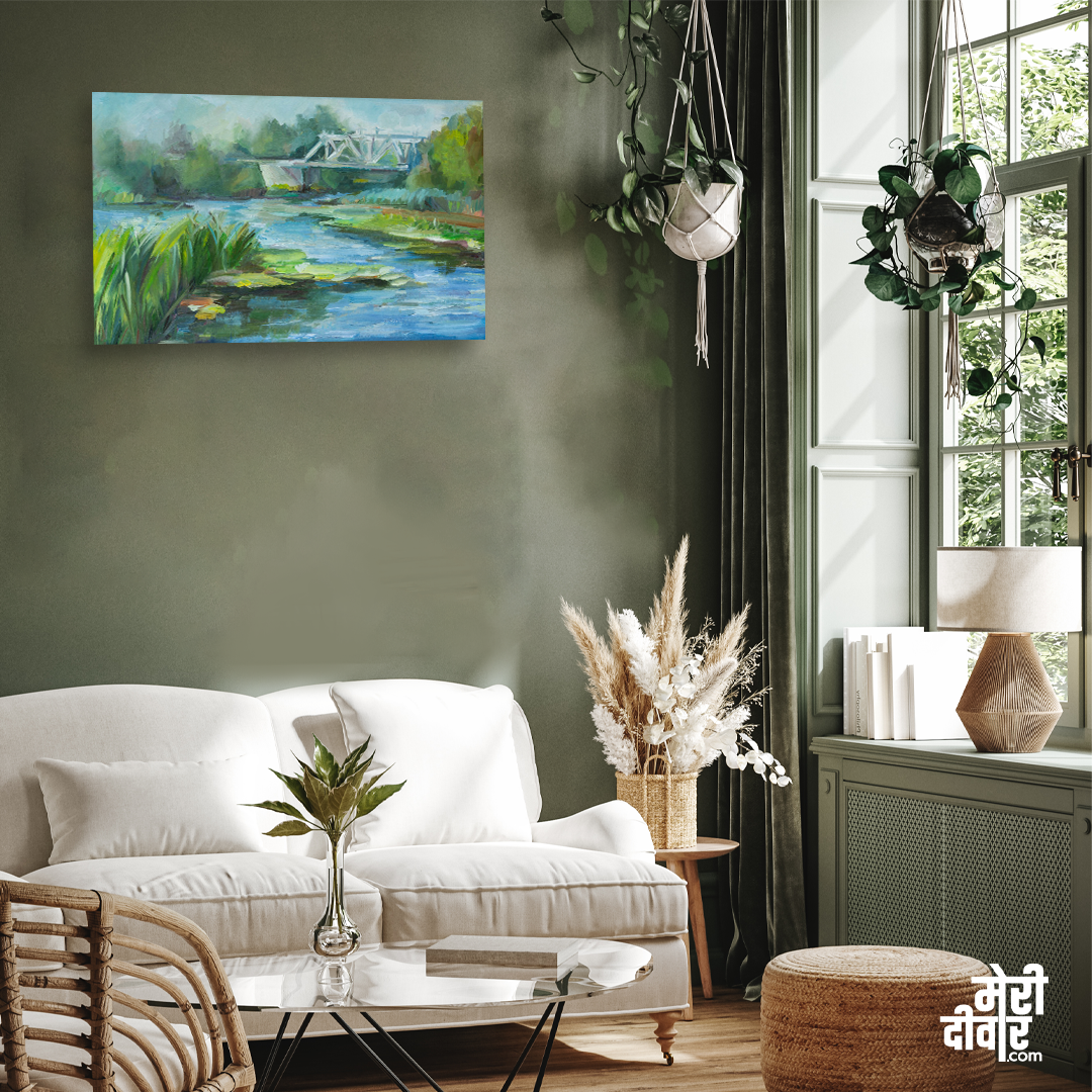 Landscape River With Railway Bridge Cold Gray Blue Light Painting 3 : 2 Horizontal Premium Wall Art Canvas by MeriDeewar