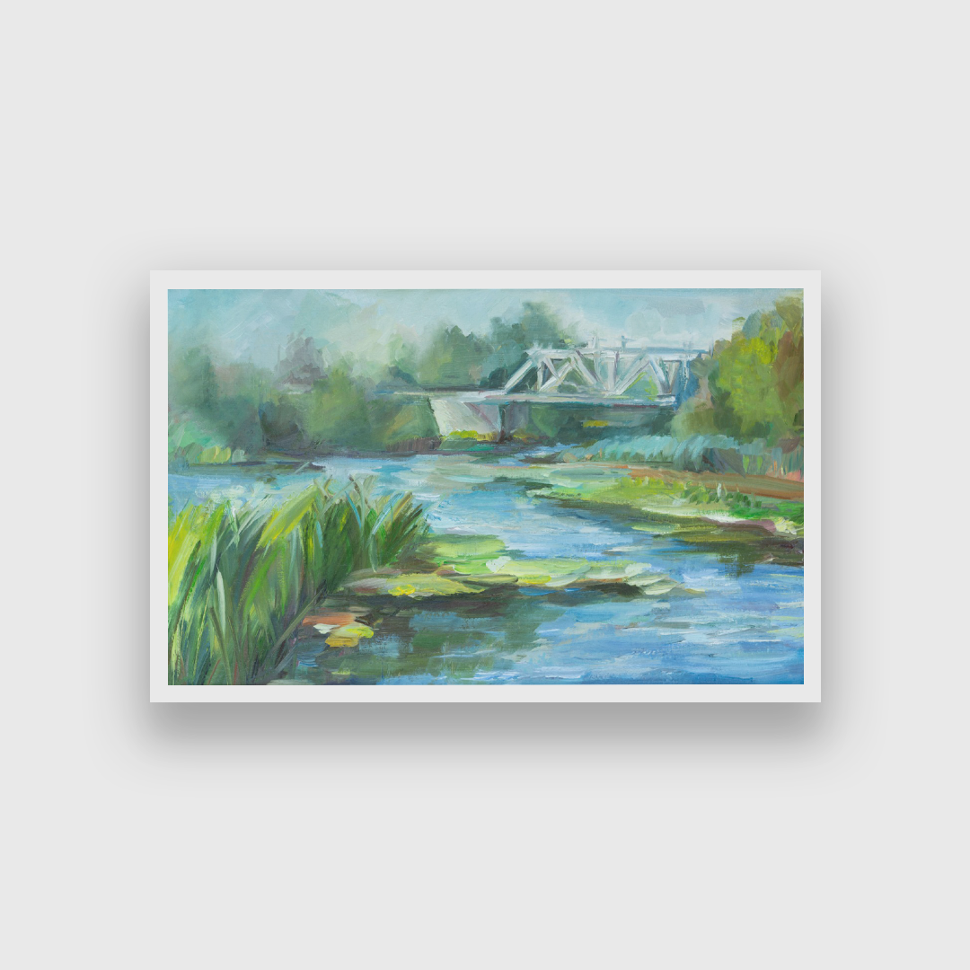 Landscape River With Railway Bridge Cold Gray Blue Light Painting 3 : 2 Horizontal Premium Wall Art Canvas by MeriDeewar
