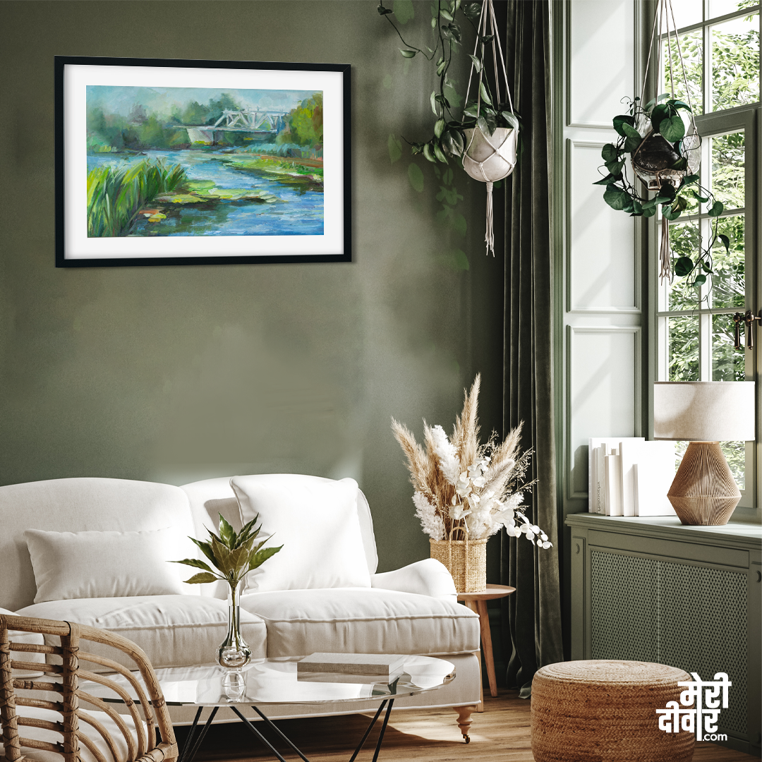 Landscape River With Railway Bridge Cold Gray Blue Light Painting 3 : 2 Horizontal Premium Wall Art Canvas by MeriDeewar