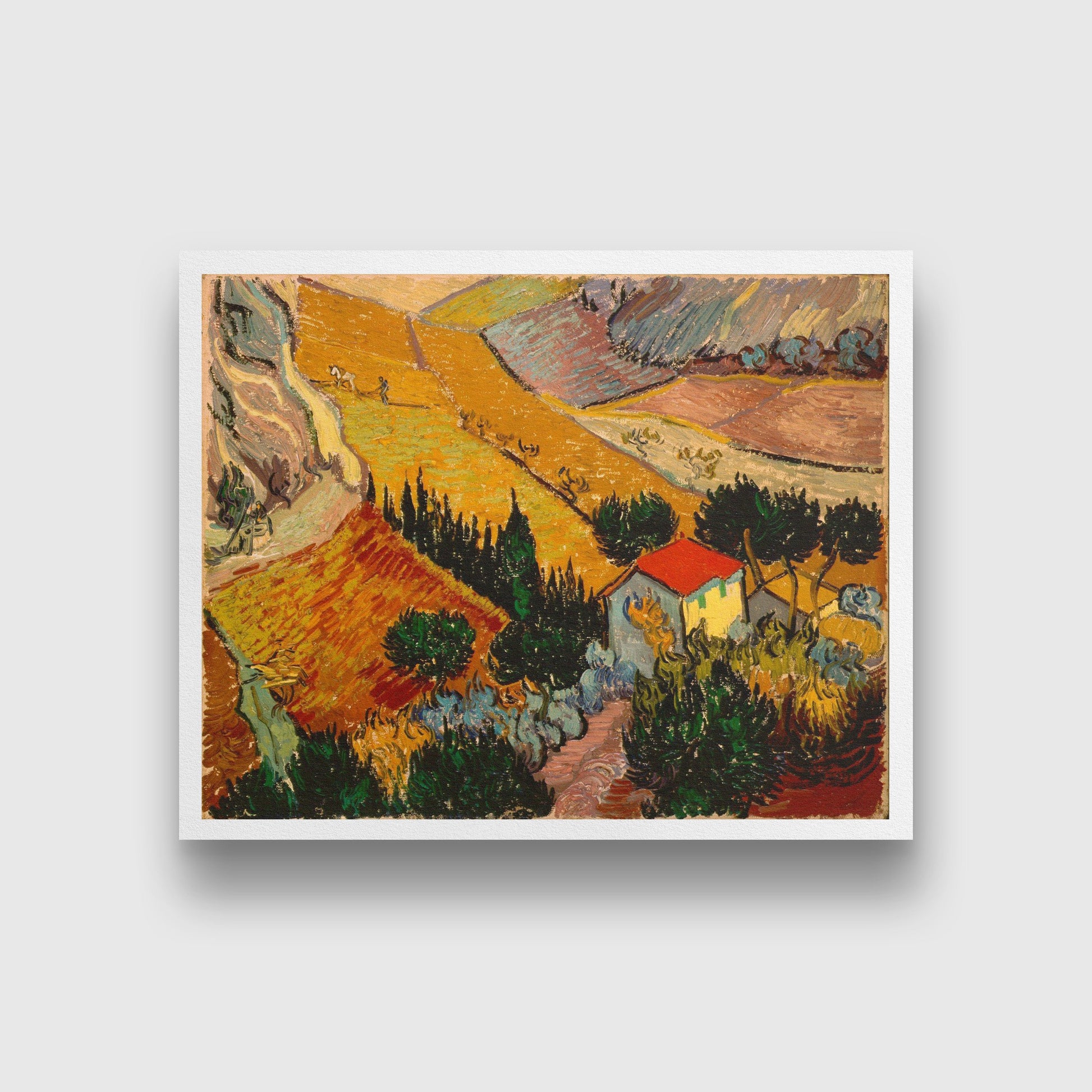 Landscape with house and ploughman Painting - Meri Deewar 5 : 4 Horizontal Premium Wall Art Canvas by MeriDeewar