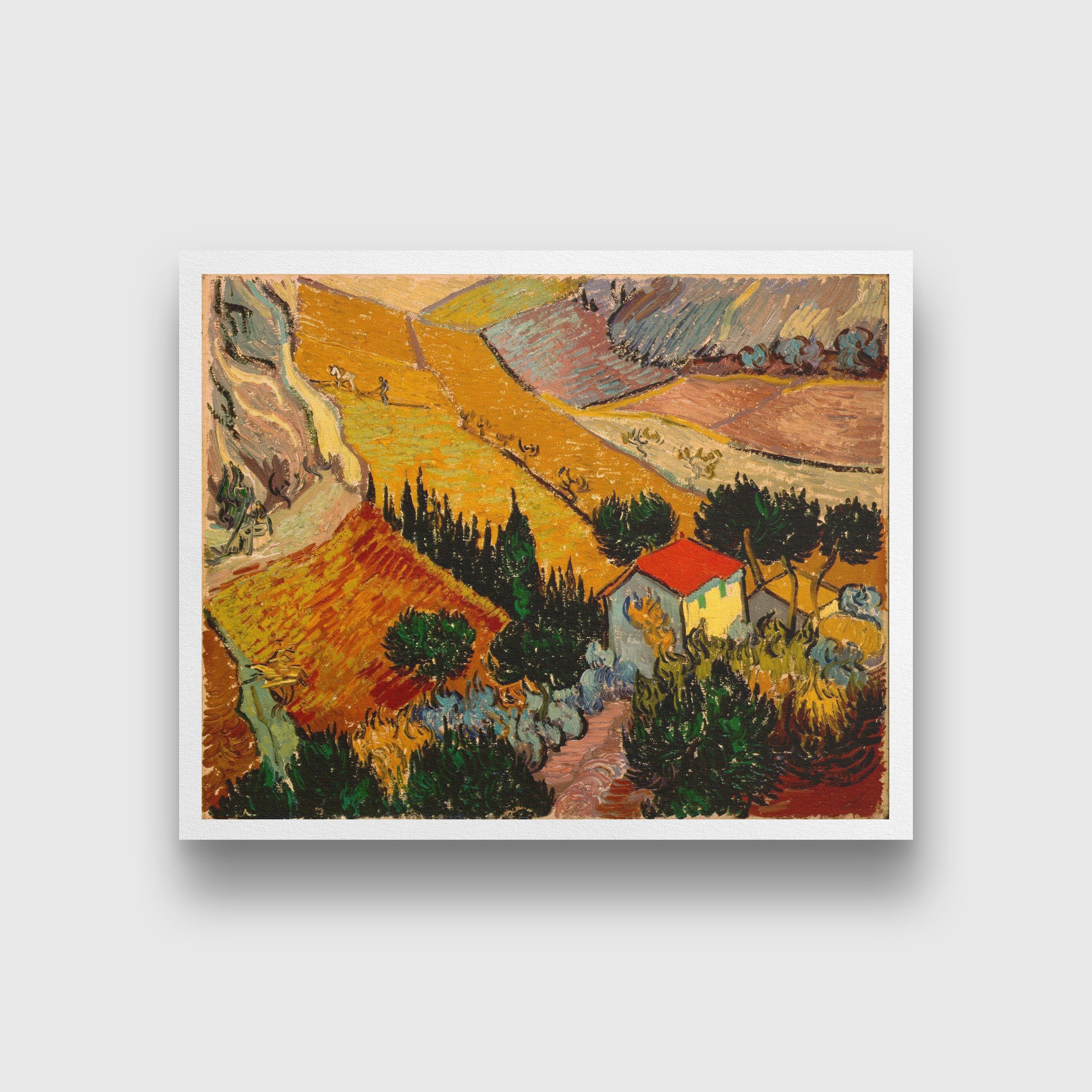Landscape with house and ploughman Painting - Meri Deewar 5 : 4 Horizontal Premium Wall Art Canvas by MeriDeewar