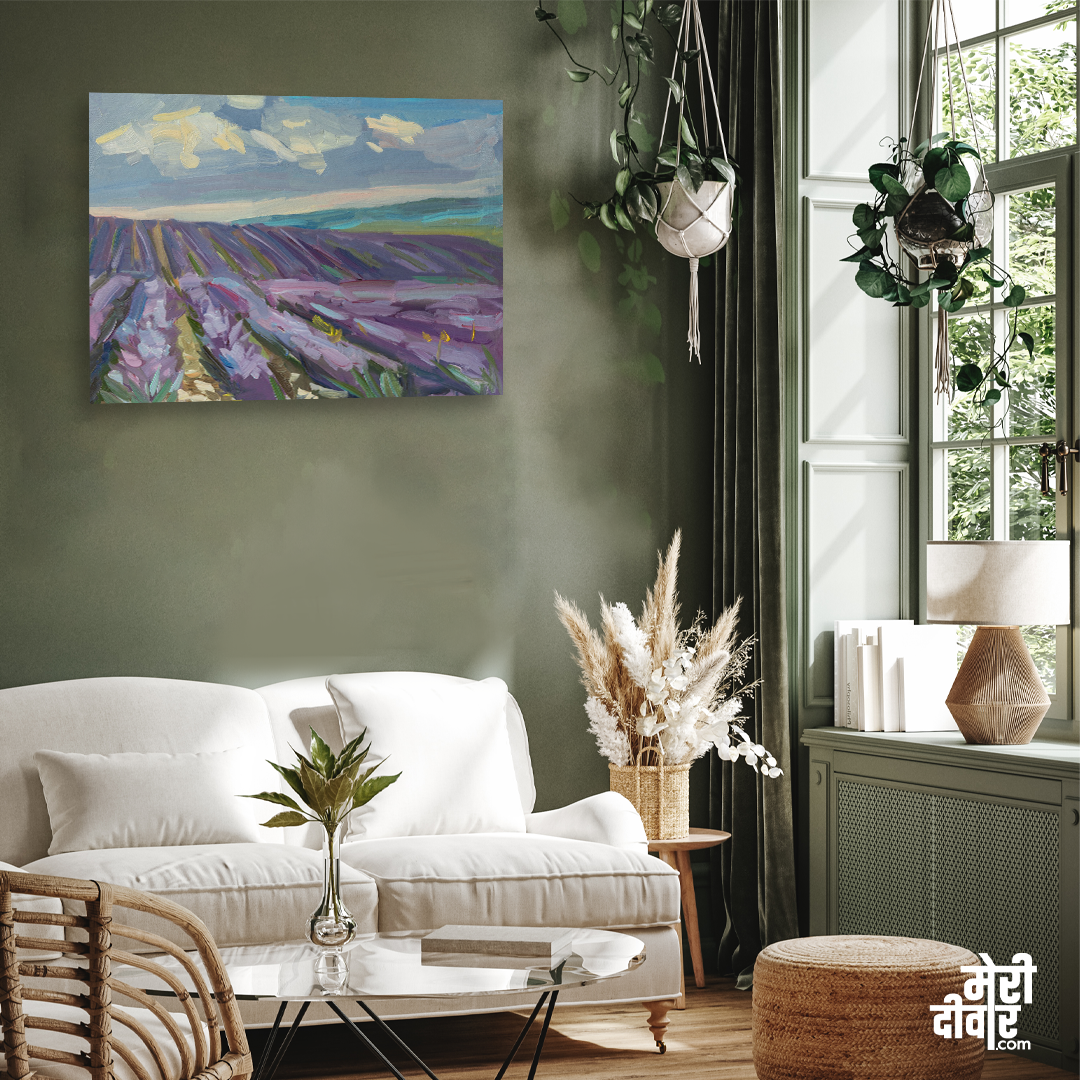Lavender Field Oil Purple Field Summer Painting 3 : 2 Horizontal Premium Wall Art Canvas by MeriDeewar