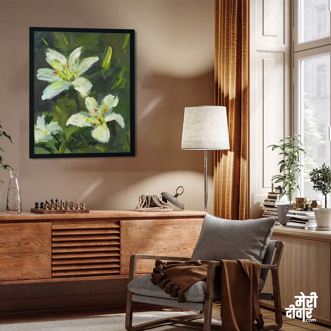Lilies Blooming Garden Original Painting 4 :5 Vertical Premium Wall Art Canvas by MeriDeewar