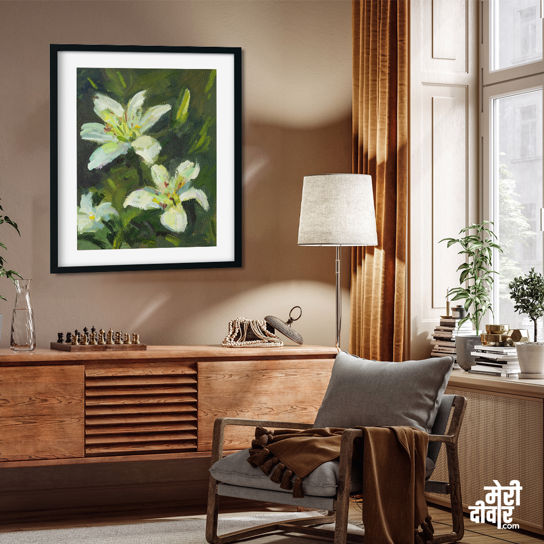 Lilies Blooming Garden Original Painting 4 :5 Vertical Premium Wall Art Canvas by MeriDeewar