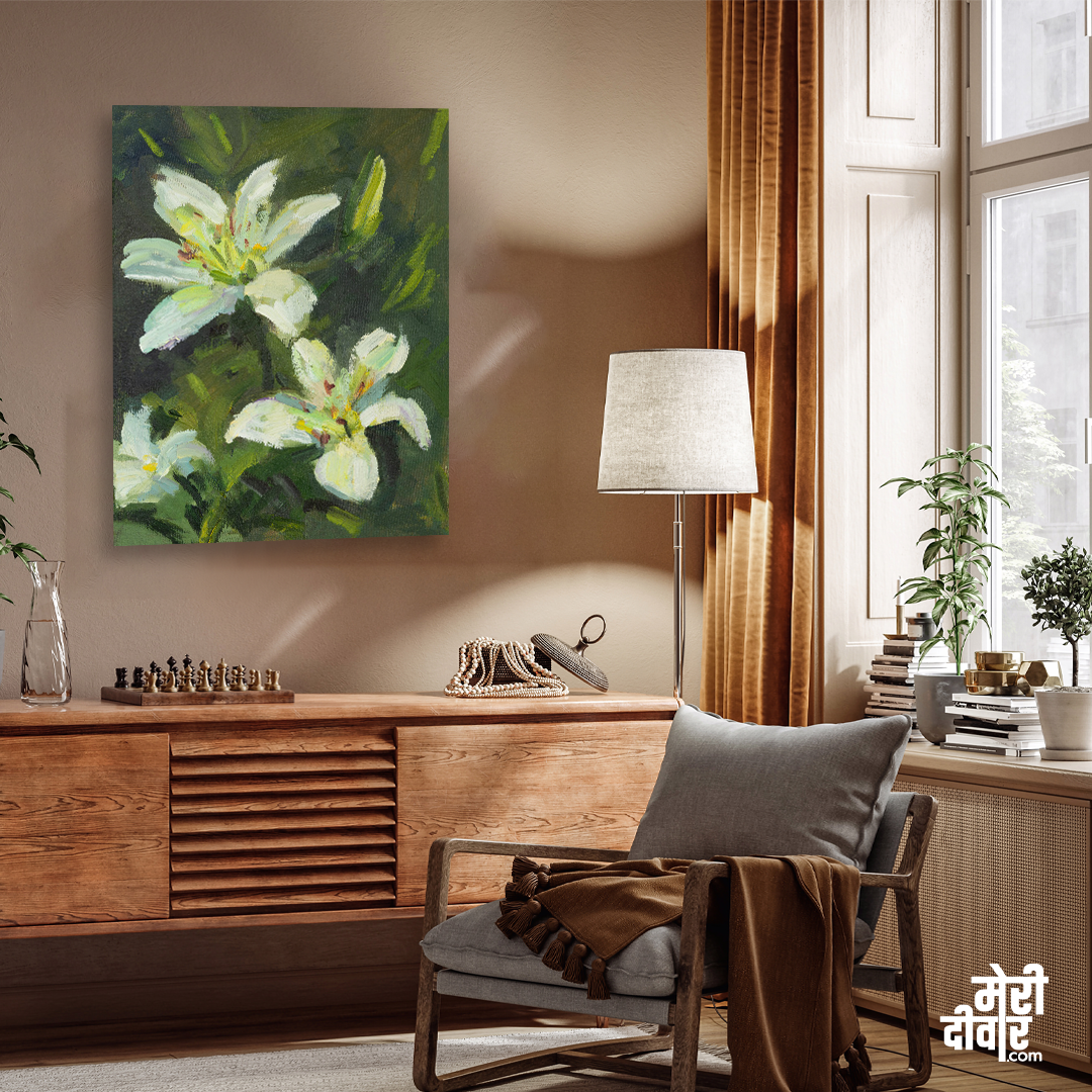 Lilies Blooming Garden Original Painting 4 :5 Vertical Premium Wall Art Canvas by MeriDeewar
