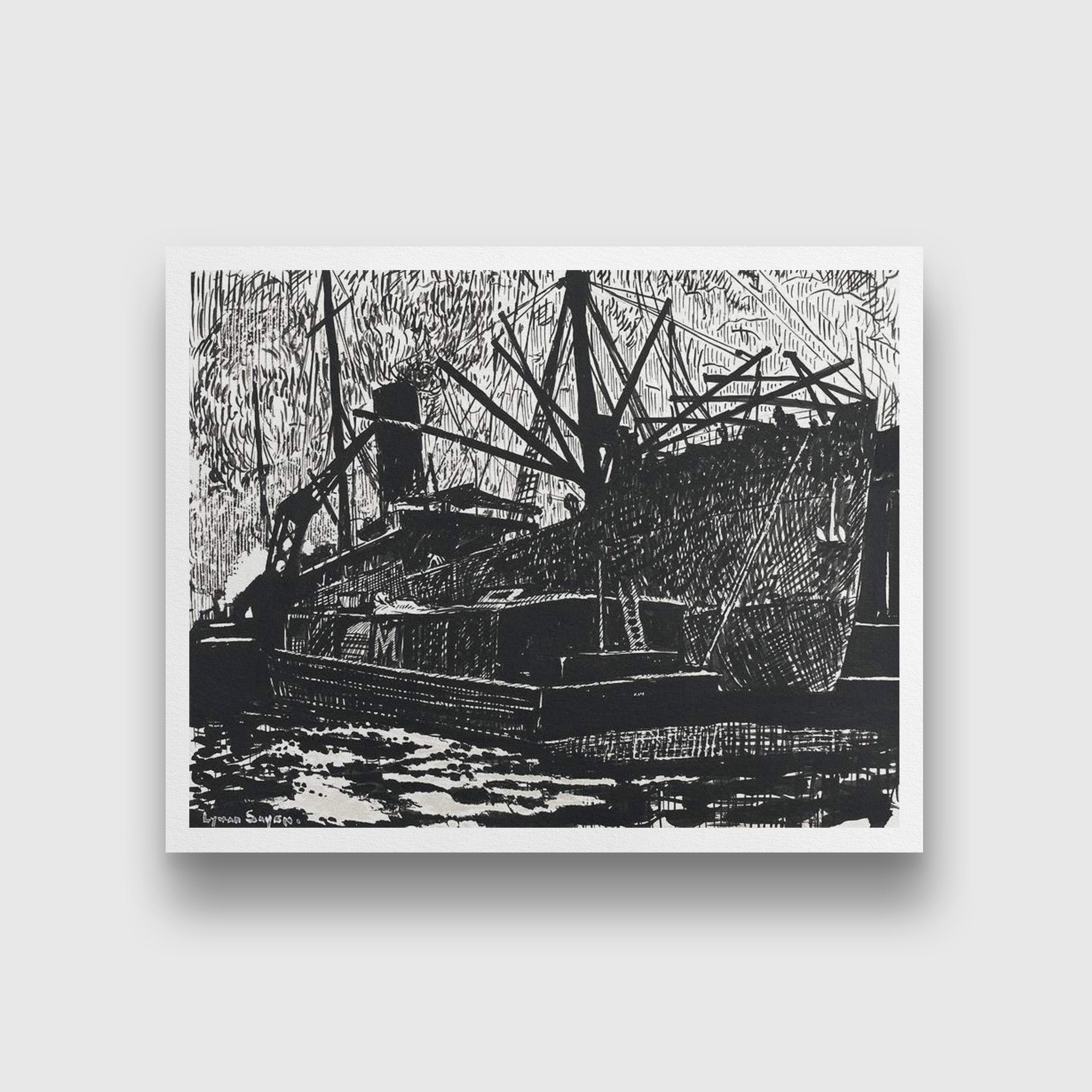 Liner and Tug Painting - MeriDeewar 4 :5 Vertical Premium Wall Art Canvas by MeriDeewar