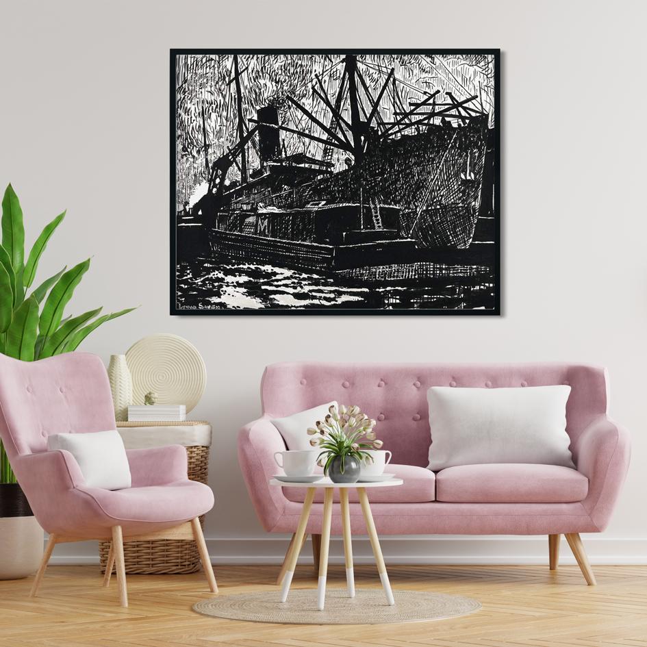 Liner and Tug Painting - MeriDeewar 4 :5 Vertical Premium Wall Art Canvas by MeriDeewar