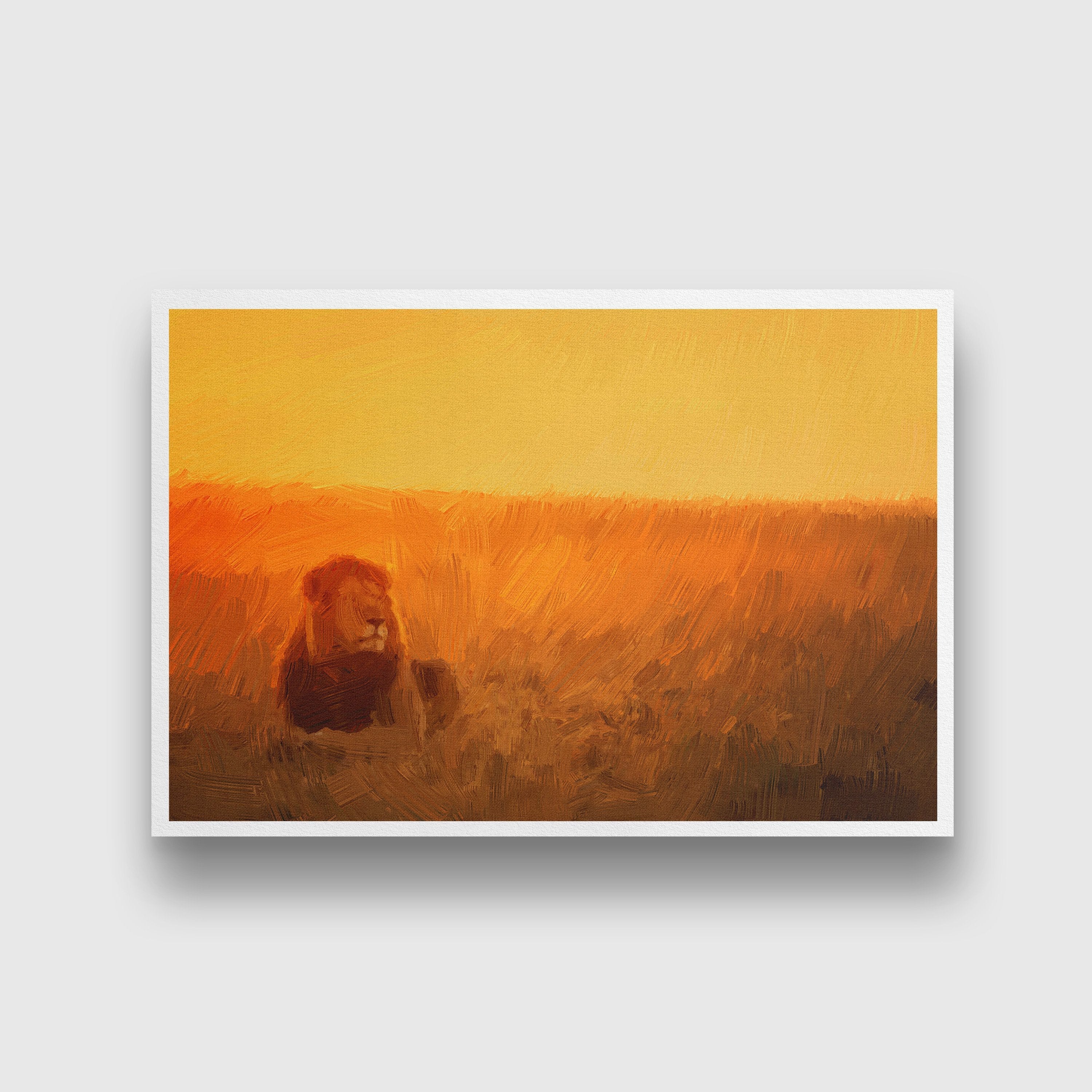 Lion lying on grass Painting - Meri Deewar 3 : 2 Horizontal Premium Wall Art Canvas by MeriDeewar