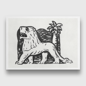 Lion stands in front of a palm tree Painting 3 : 2 Horizontal Premium Wall Art Canvas by MeriDeewar