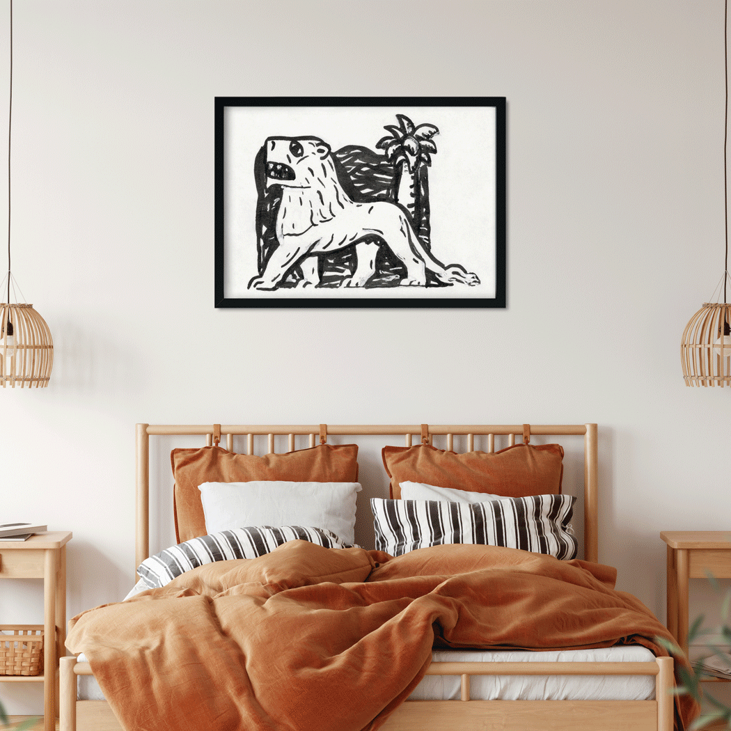 Lion stands in front of a palm tree Painting 3 : 2 Horizontal Premium Wall Art Canvas by MeriDeewar