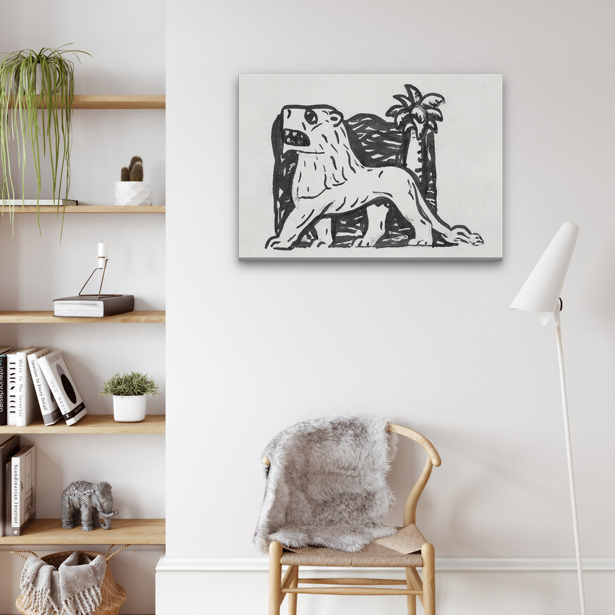 Lion stands in front of a palm tree Painting 3 : 2 Horizontal Premium Wall Art Canvas by MeriDeewar