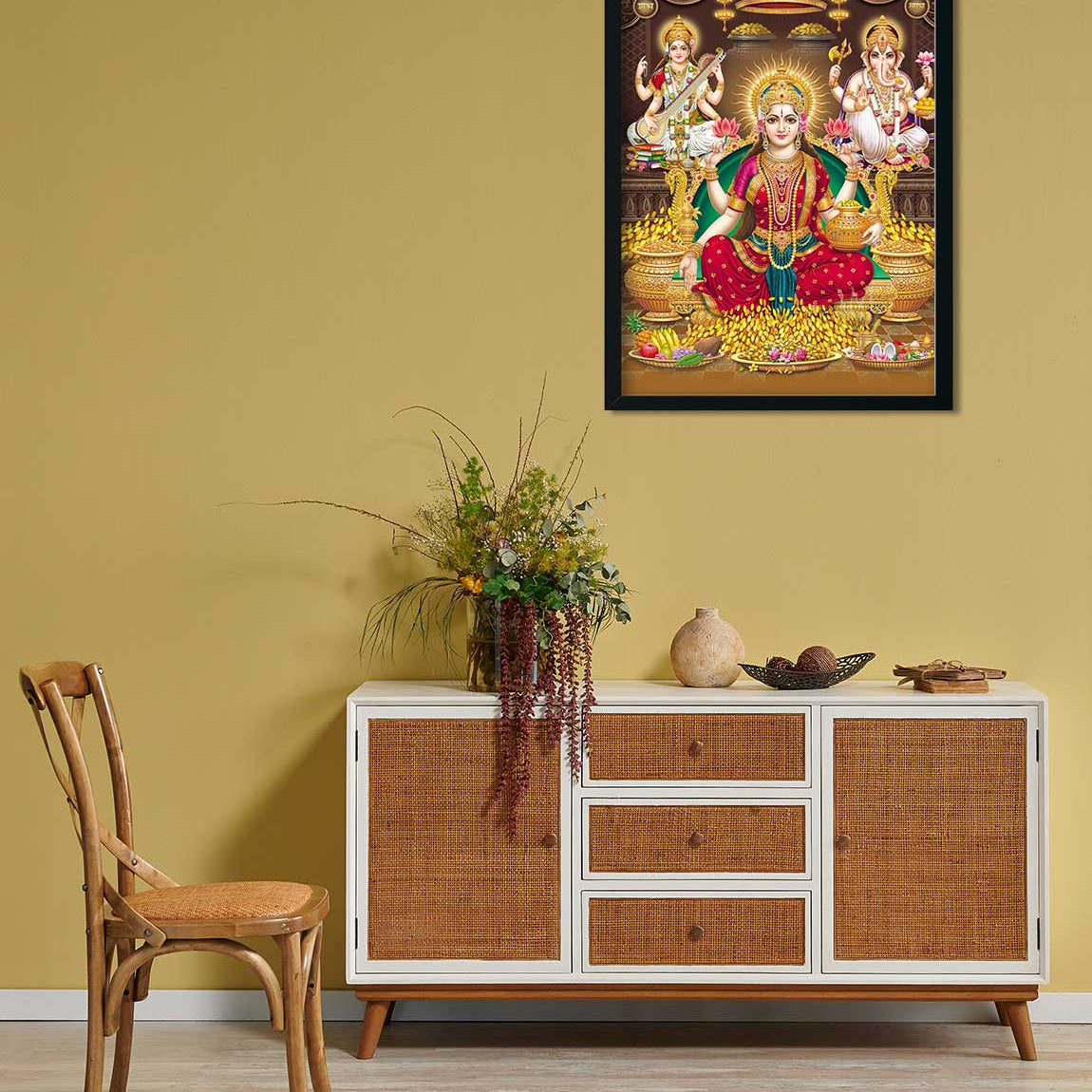 Lord Laxmi, Lord Ganesha, Lord Saraswati Painting 4 :5 Vertical Premium Wall Art Canvas by MeriDeewar