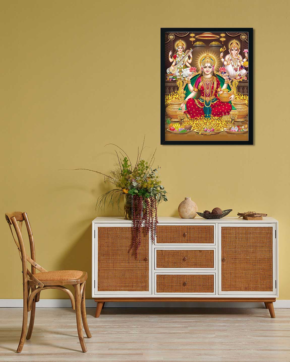 Lord Laxmi, Lord Ganesha, Lord Saraswati Painting 4 :5 Vertical Premium Wall Art Canvas by MeriDeewar