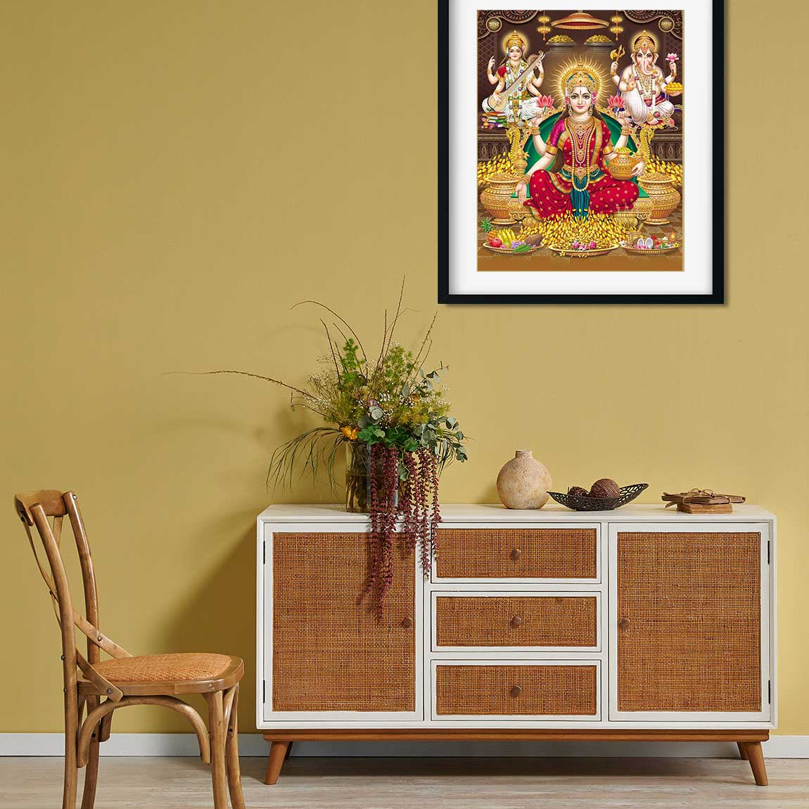 Lord Laxmi, Lord Ganesha, Lord Saraswati Painting 4 :5 Vertical Premium Wall Art Canvas by MeriDeewar