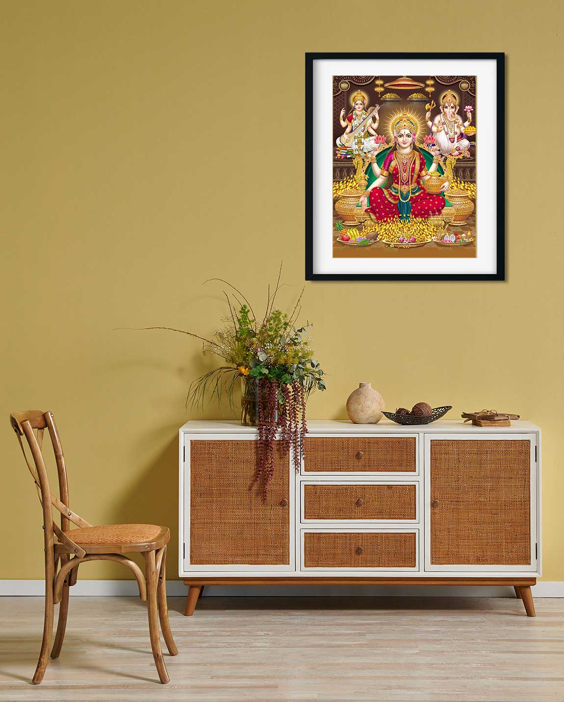 Lord Laxmi, Lord Ganesha, Lord Saraswati Painting 4 :5 Vertical Premium Wall Art Canvas by MeriDeewar