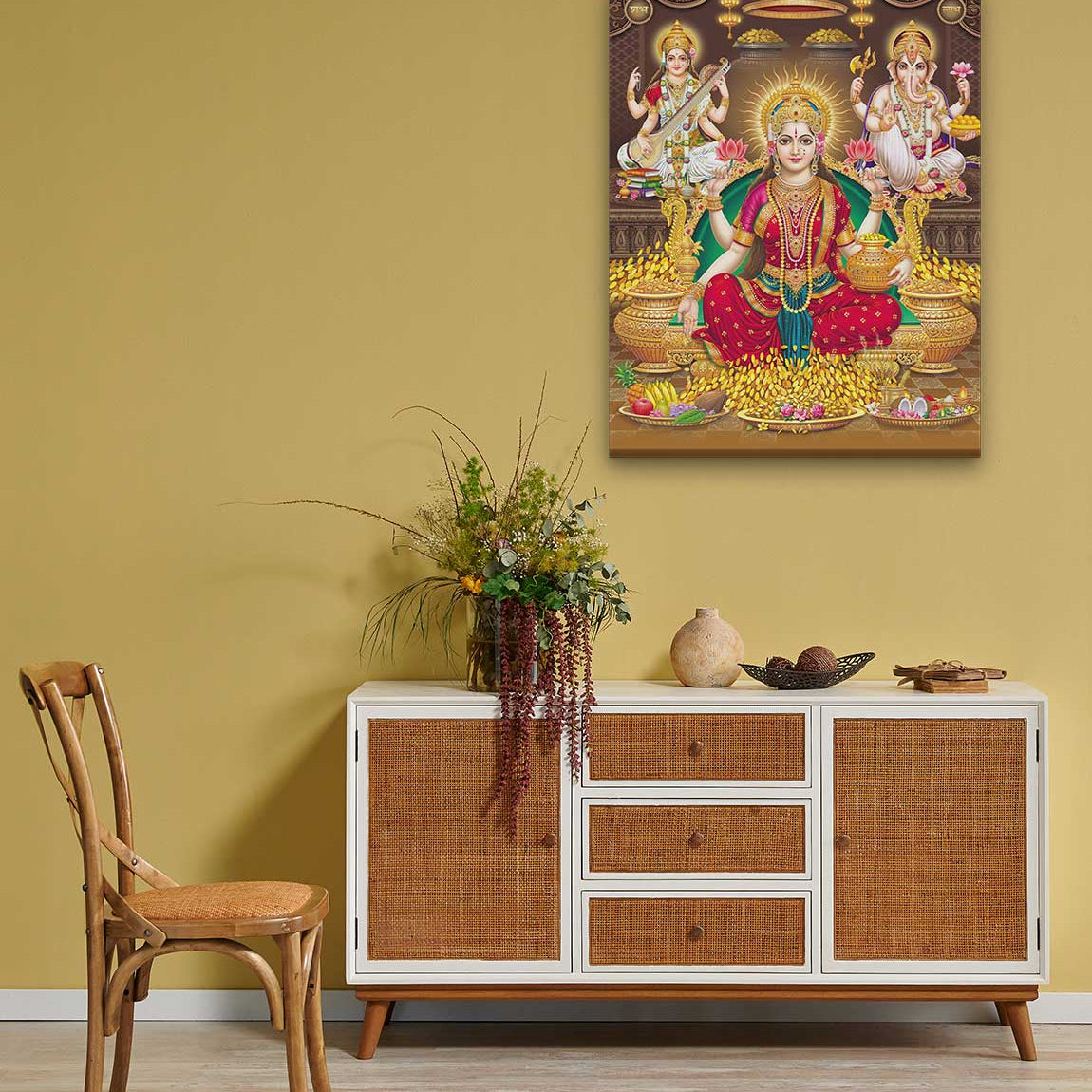 Lord Laxmi, Lord Ganesha, Lord Saraswati Painting 4 :5 Vertical Premium Wall Art Canvas by MeriDeewar