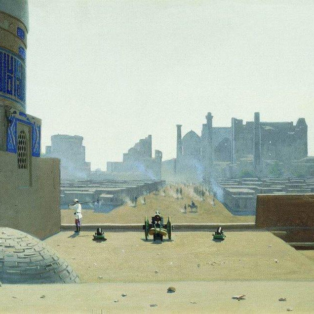 Main street in samarkand from the height of the citadel in the early morning-Meri Deewar 3 : 2 Horizontal Premium Wall Art Canvas by MeriDeewar