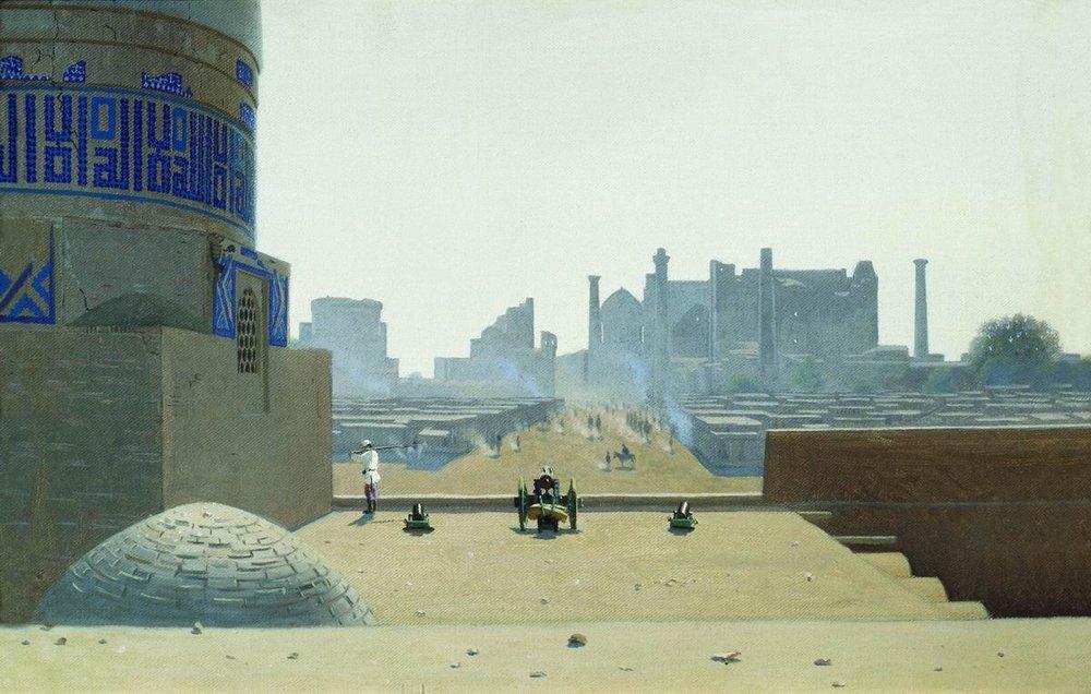 Main street in samarkand from the height of the citadel in the early morning-Meri Deewar 3 : 2 Horizontal Premium Wall Art Canvas by MeriDeewar