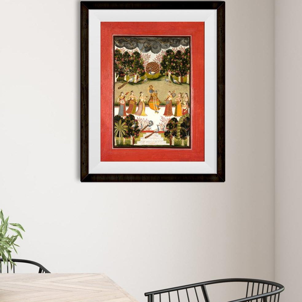 Malar Ragini: Krishna Playing The Flute To Seven Gopis Holding Musical Instruments Painting - Meri Deewar 3 : 4 Vertical Premium Wall Art Canvas by MeriDeewar
