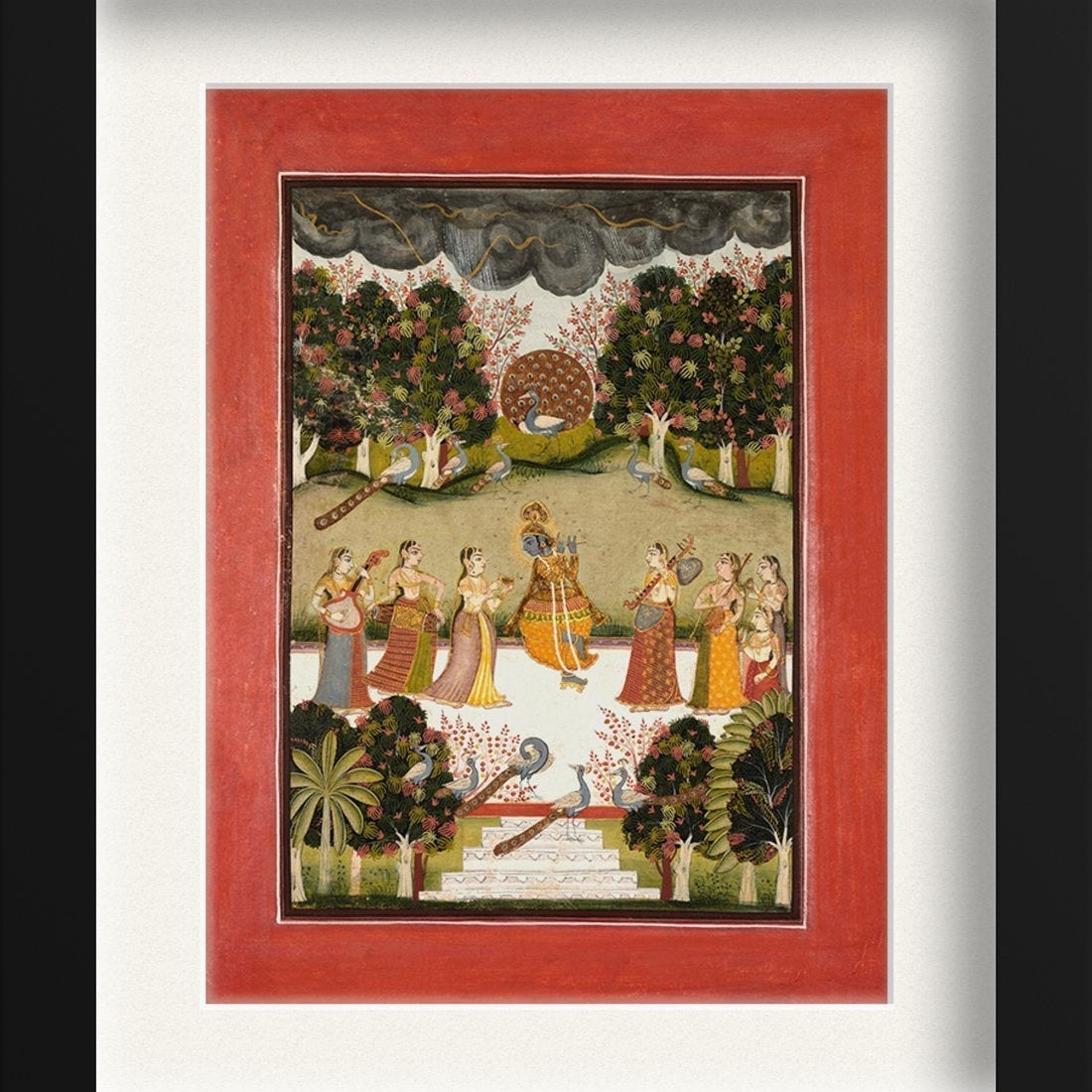 Malar Ragini: Krishna Playing The Flute To Seven Gopis Holding Musical Instruments Painting - Meri Deewar 3 : 4 Vertical Premium Wall Art Canvas by MeriDeewar