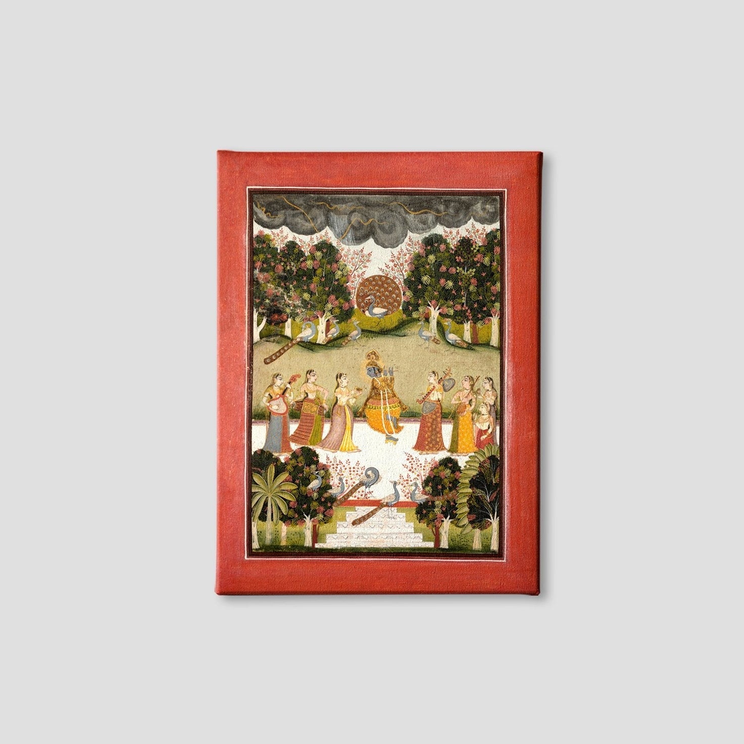 Malar Ragini: Krishna Playing The Flute To Seven Gopis Holding Musical Instruments Painting - Meri Deewar 3 : 4 Vertical Premium Wall Art Canvas by MeriDeewar