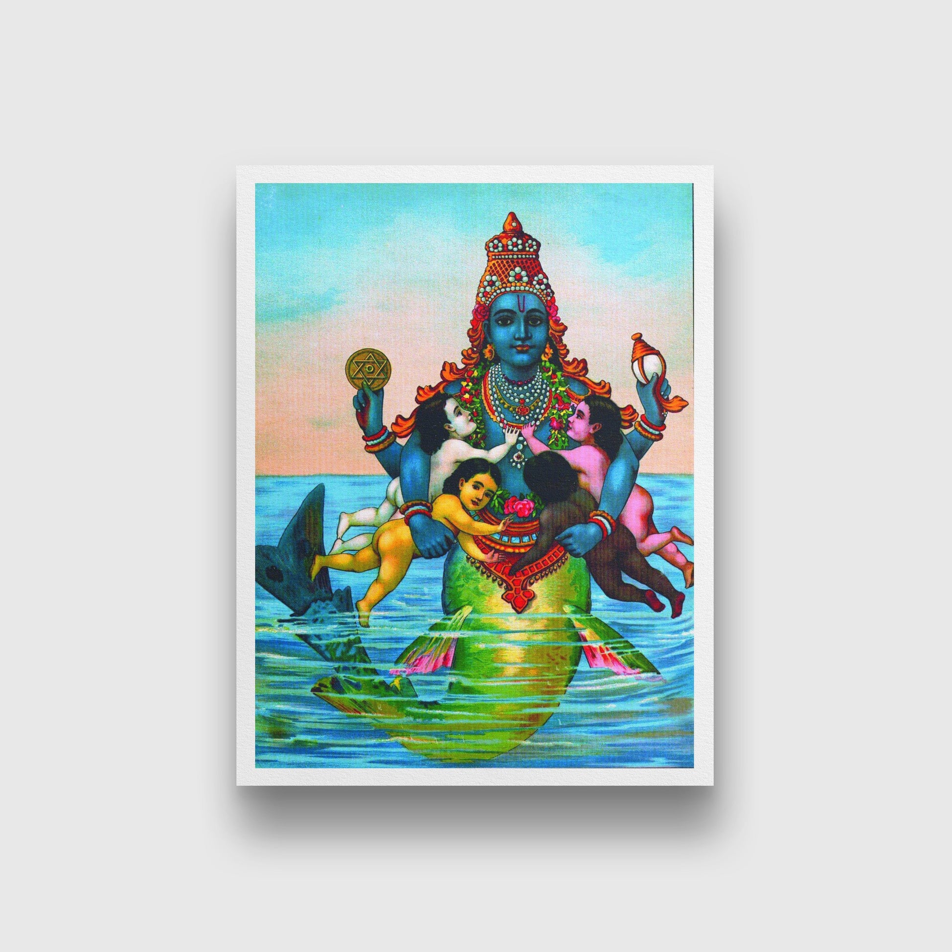 Matsya with the Vedas as infants Painting - Meri Deewar 3 : 4 Vertical Premium Wall Art Canvas by MeriDeewar