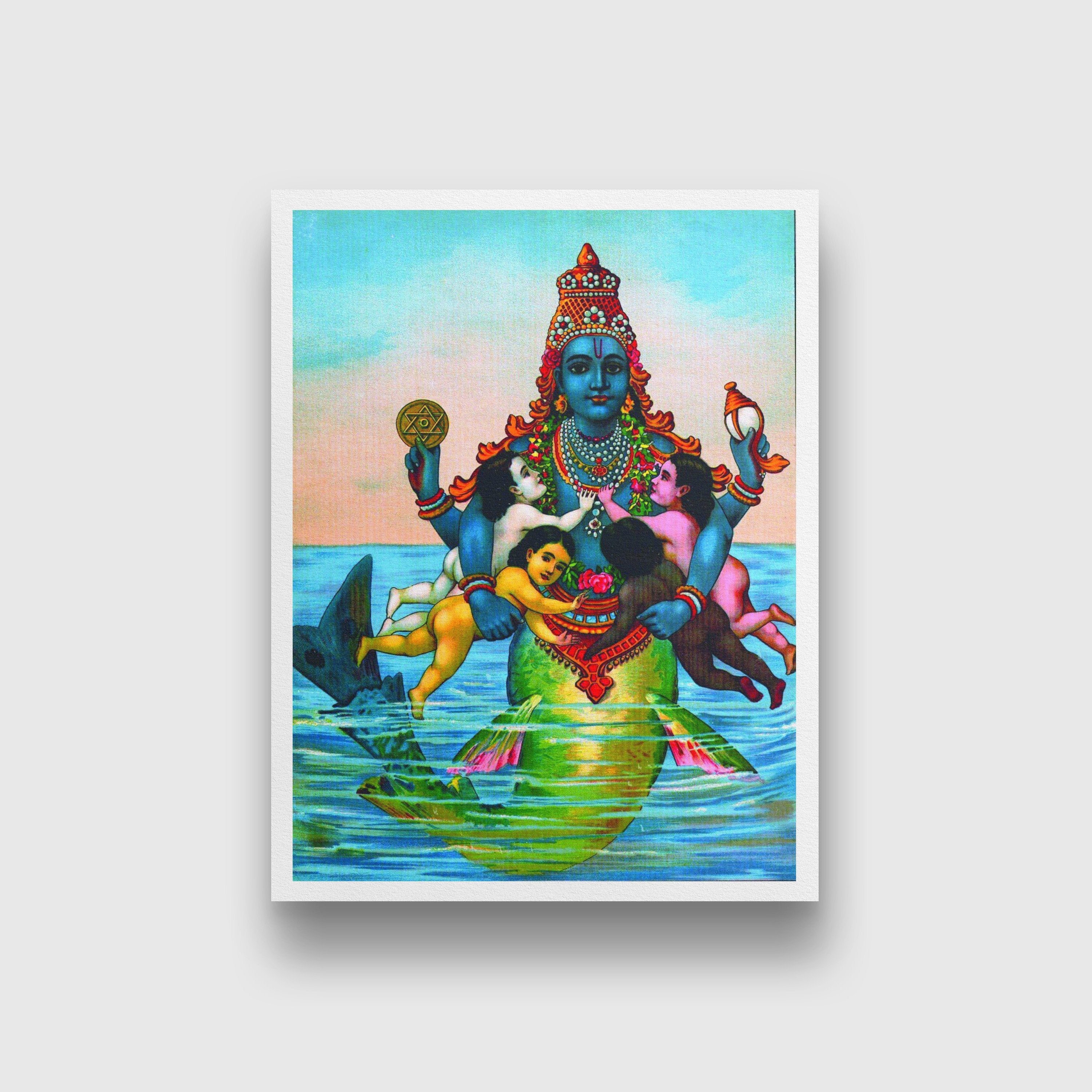 Matsya with the Vedas as infants Painting - Meri Deewar 3 : 4 Vertical Premium Wall Art Canvas by MeriDeewar