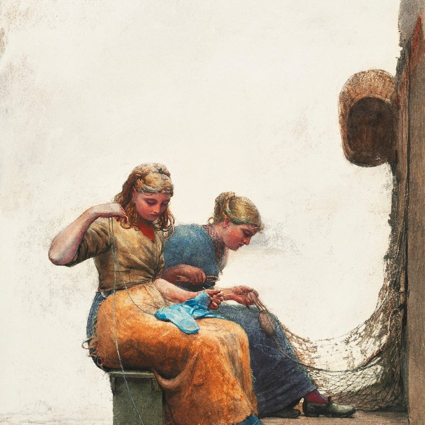 Mending the Nets painting - Meri Deewar 3 : 4.2 Vertical Premium Wall Art Canvas by MeriDeewar