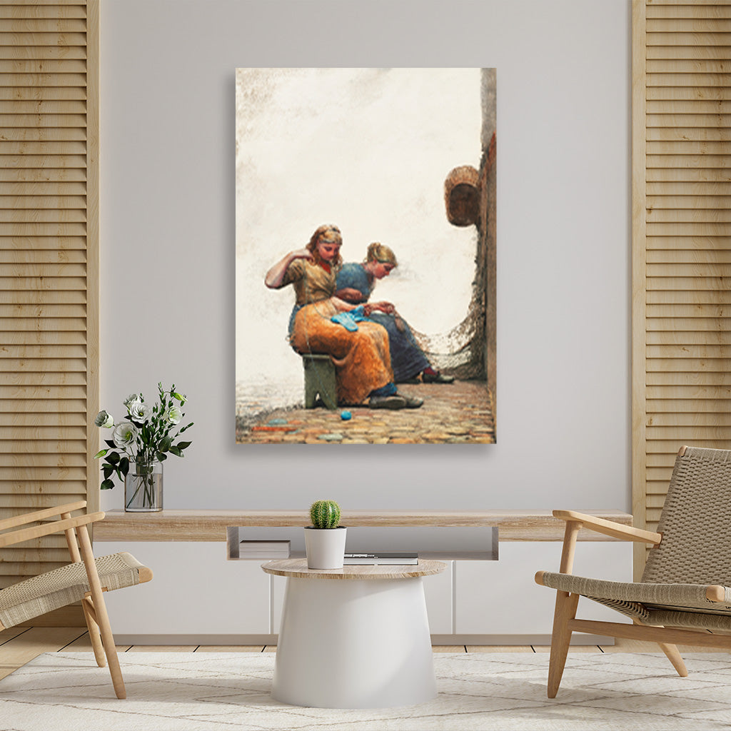 Mending the Nets painting - Meri Deewar 3 : 4.2 Vertical Premium Wall Art Canvas by MeriDeewar