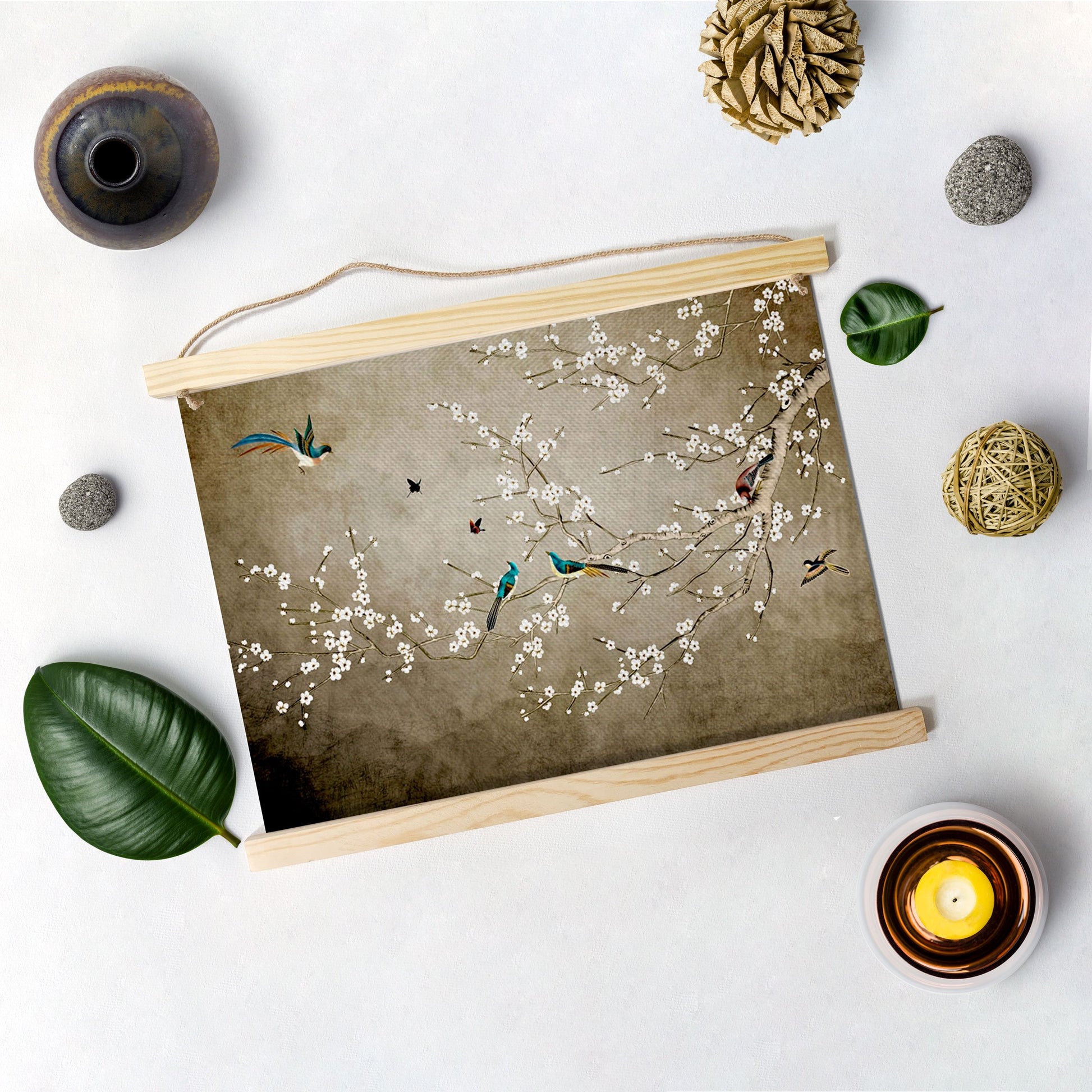 Mini White Flowers And Birds Painting Hanging Canvas - Meri Deewar Hanging Canvas Premium Wall Art Canvas by MeriDeewar