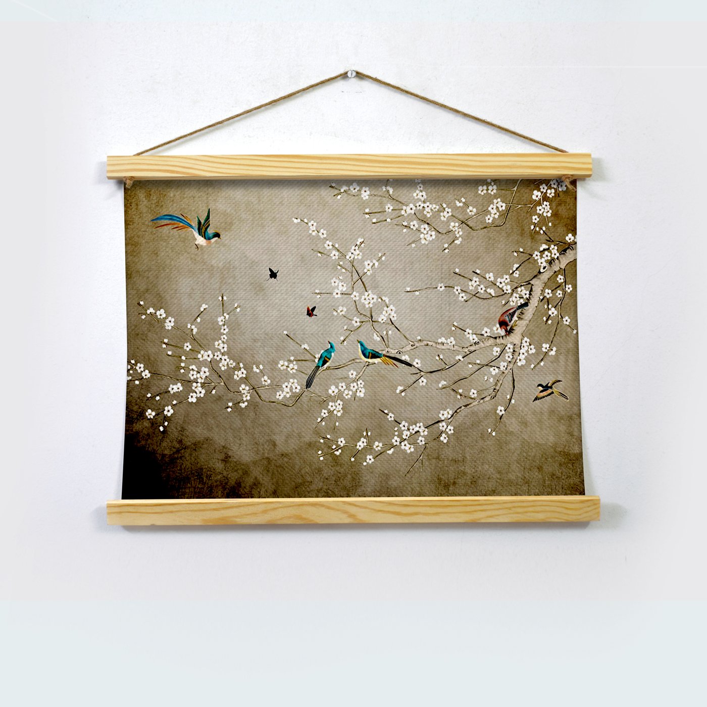 Mini White Flowers And Birds Painting Hanging Canvas - Meri Deewar Hanging Canvas Premium Wall Art Canvas by MeriDeewar