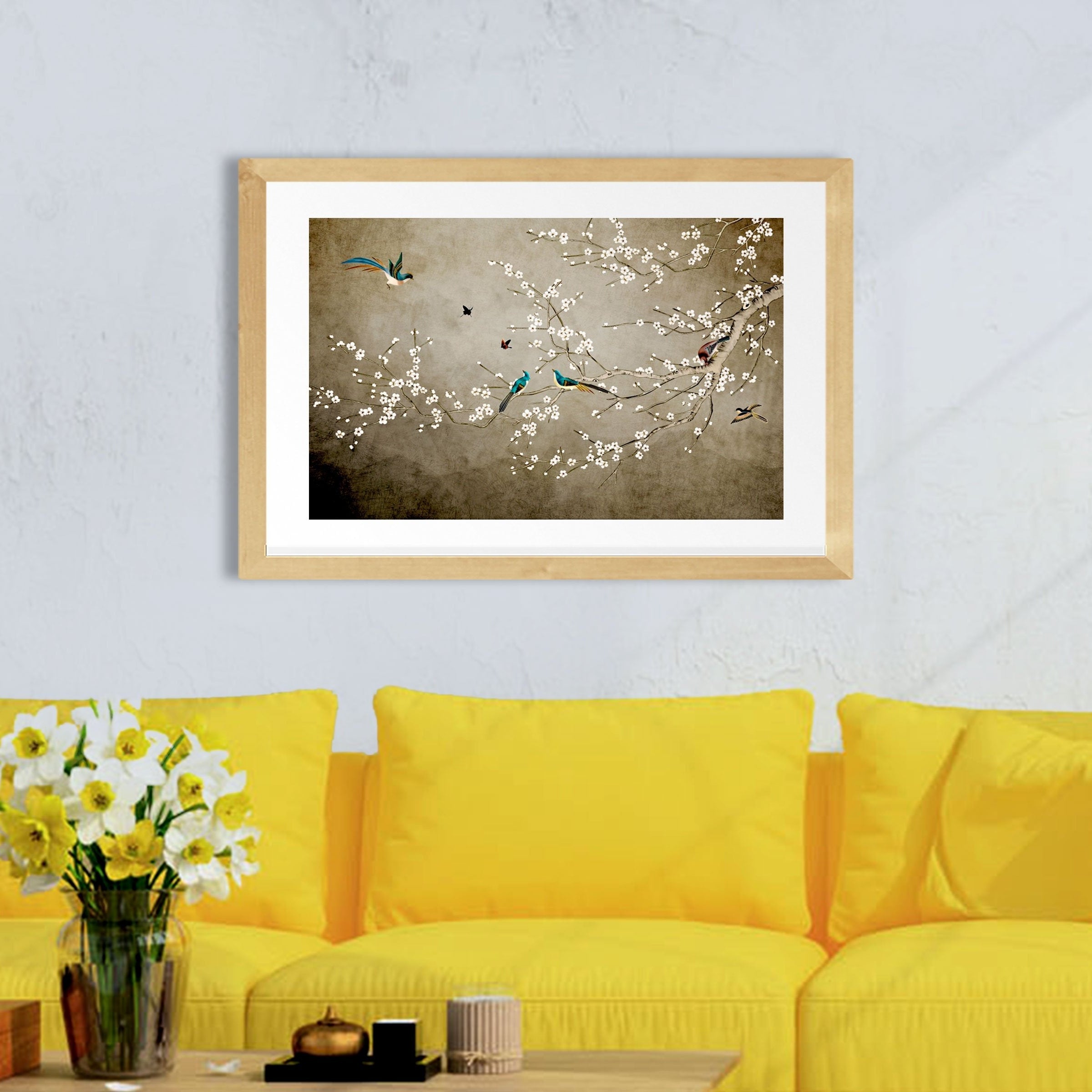 Mini White Flowers And Birds Painting - Meri Deewar 3 : 2 Horizontal Premium Wall Art Canvas by MeriDeewar