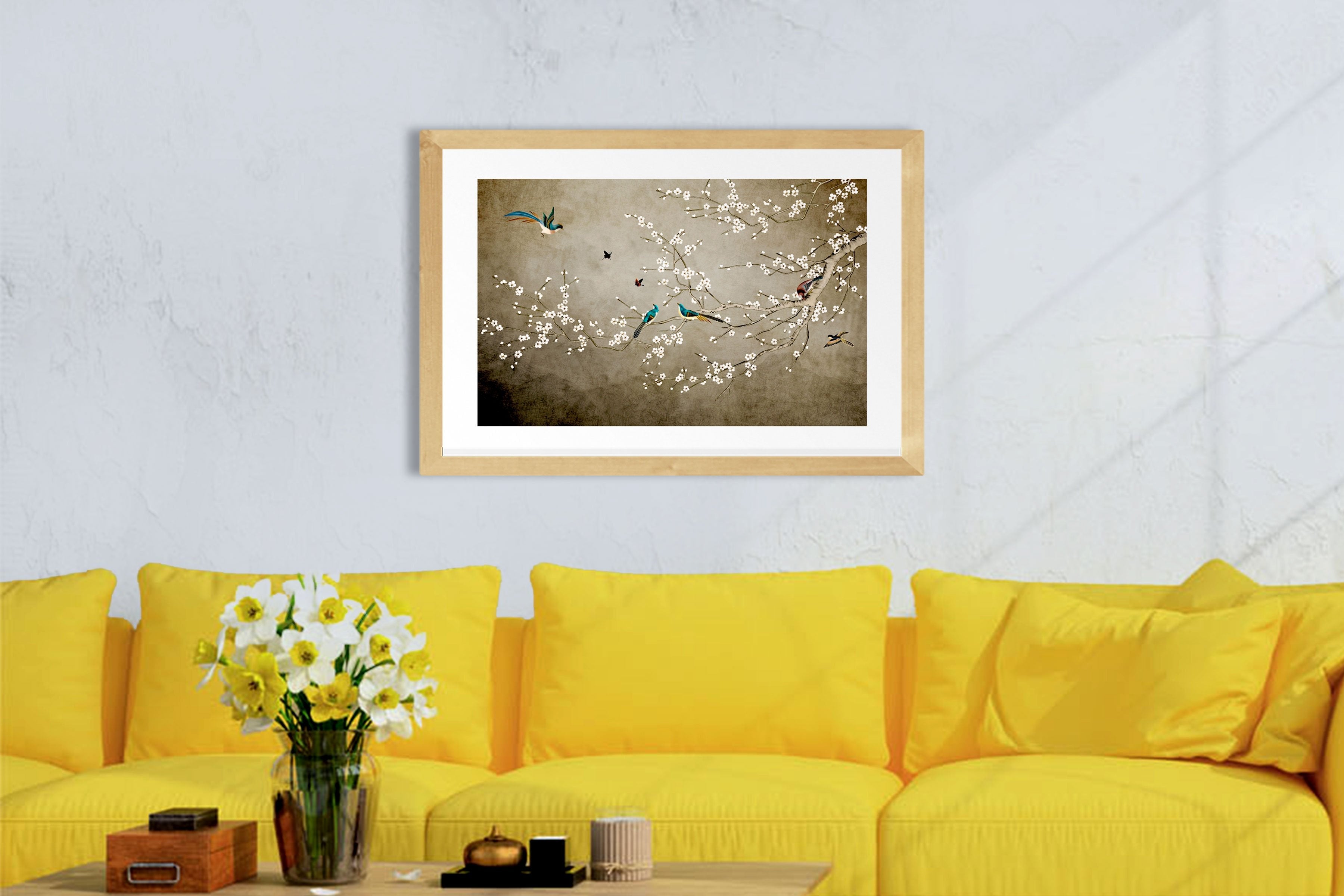 Mini White Flowers And Birds Painting - Meri Deewar 3 : 2 Horizontal Premium Wall Art Canvas by MeriDeewar