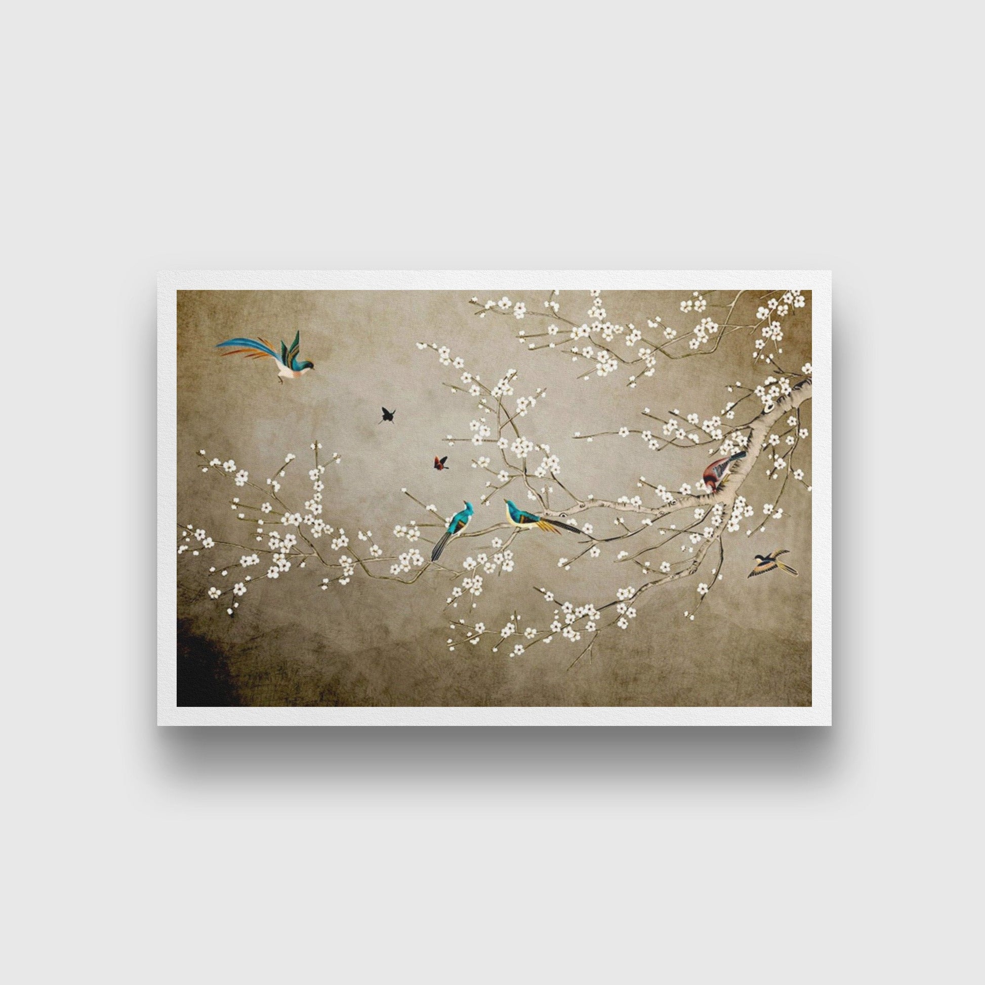 Mini White Flowers And Birds Painting - Meri Deewar 3 : 2 Horizontal Premium Wall Art Canvas by MeriDeewar
