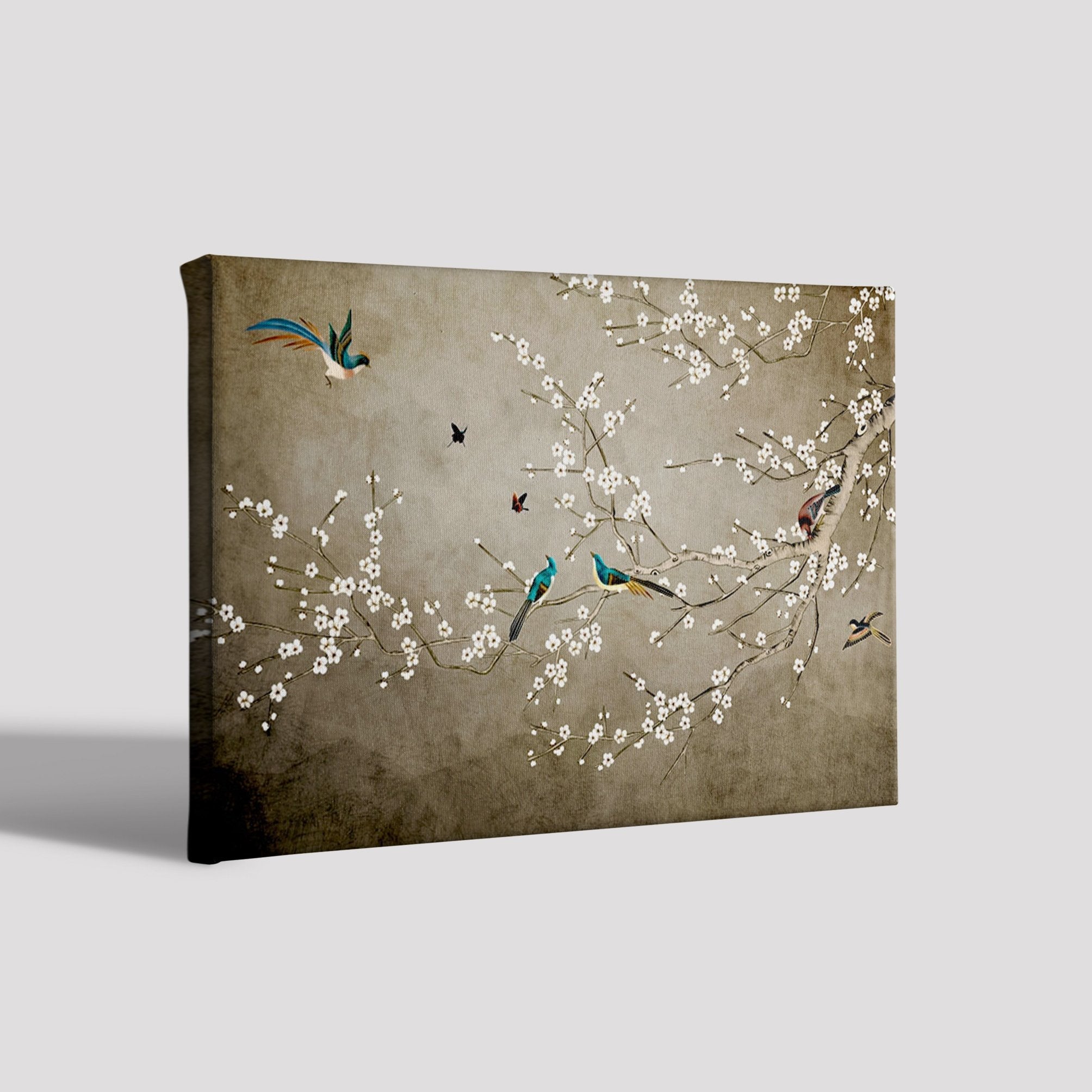 Mini White Flowers And Birds Painting - Meri Deewar 3 : 2 Horizontal Premium Wall Art Canvas by MeriDeewar