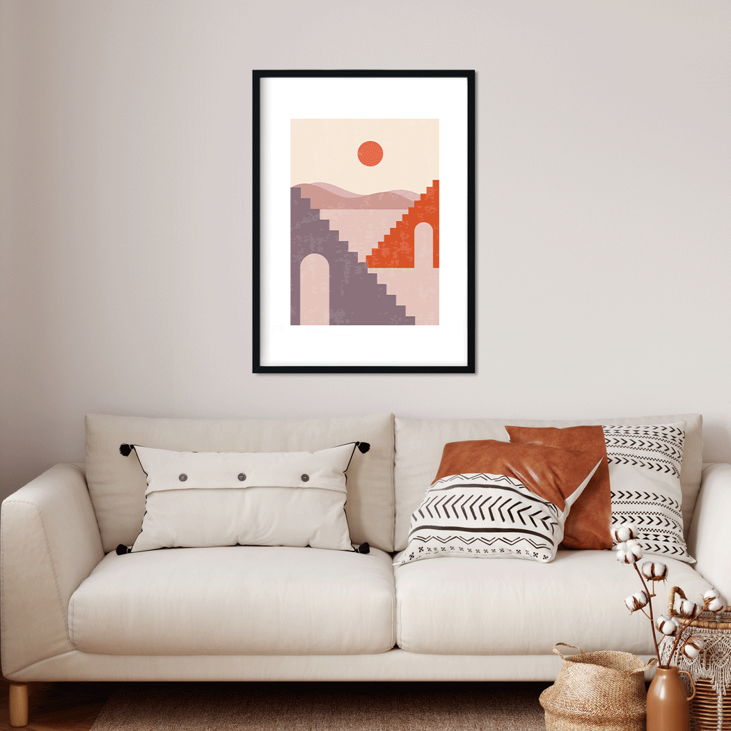 Minimalist Geometric Art Sun and Mountain Painting 4 X 5.5 Vertical Premium Wall Art Canvas by MeriDeewar
