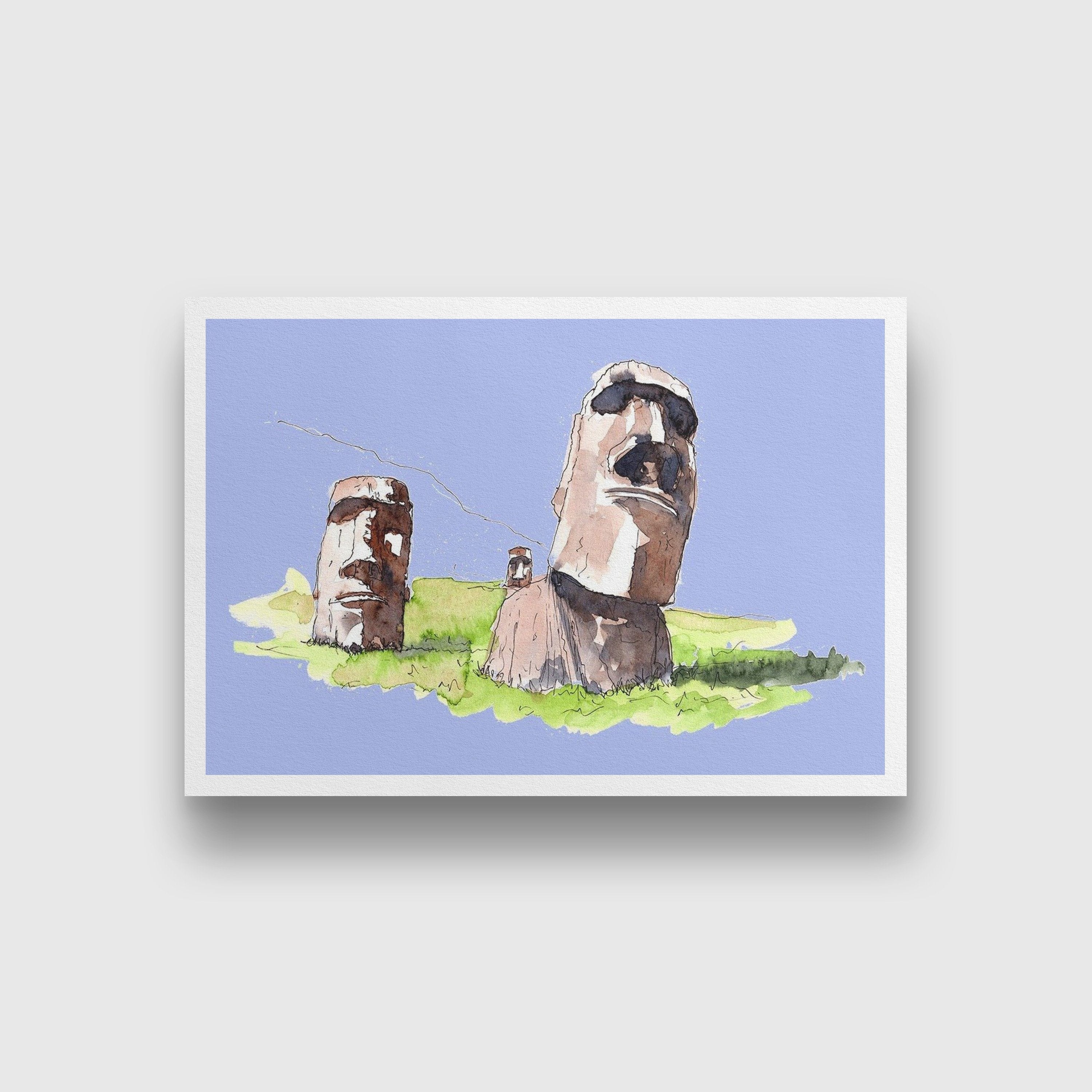 Moai Statues Illustration Painting - Meri Deewar 3 : 2 Horizontal Premium Wall Art Canvas by MeriDeewar