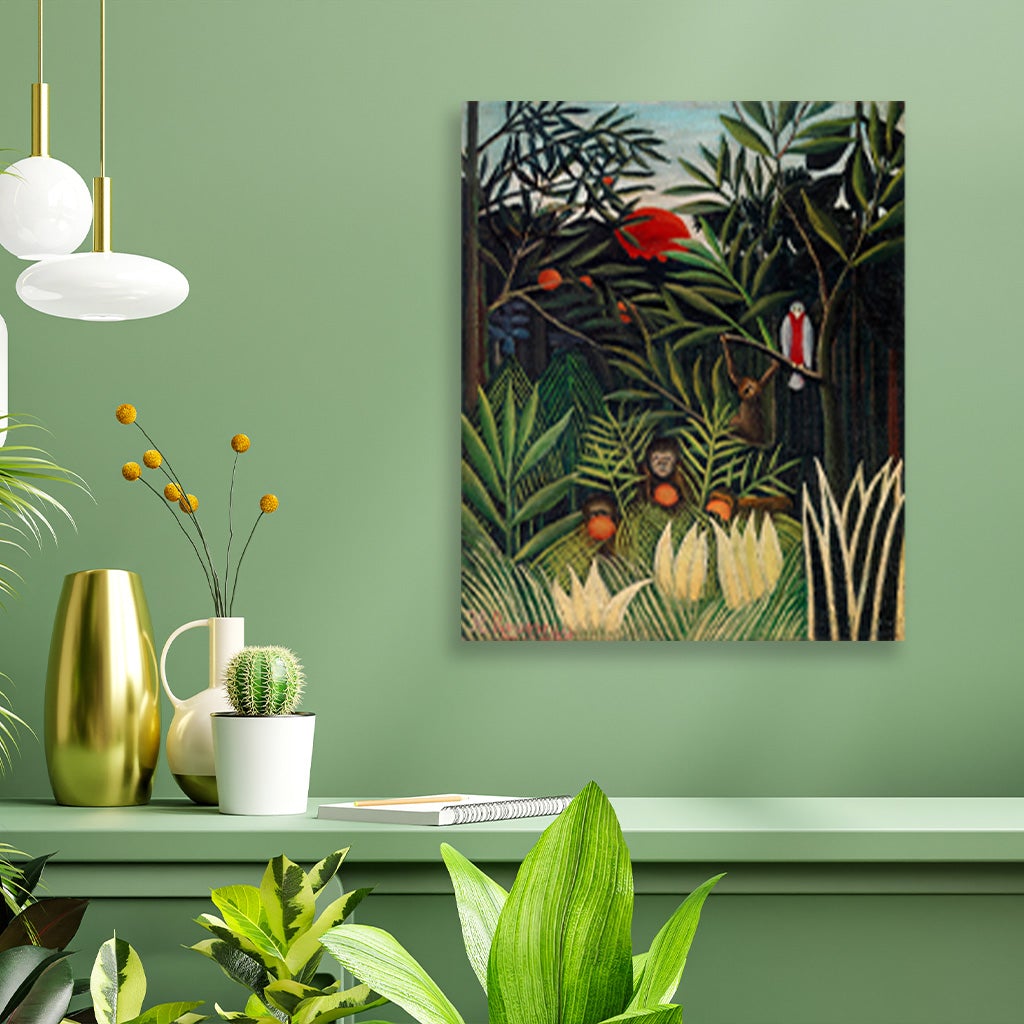 Monkeys and Parrot in the Virgin Forest painting - Meri Deewar 5 : 6 Vertical Premium Wall Art Canvas by MeriDeewar