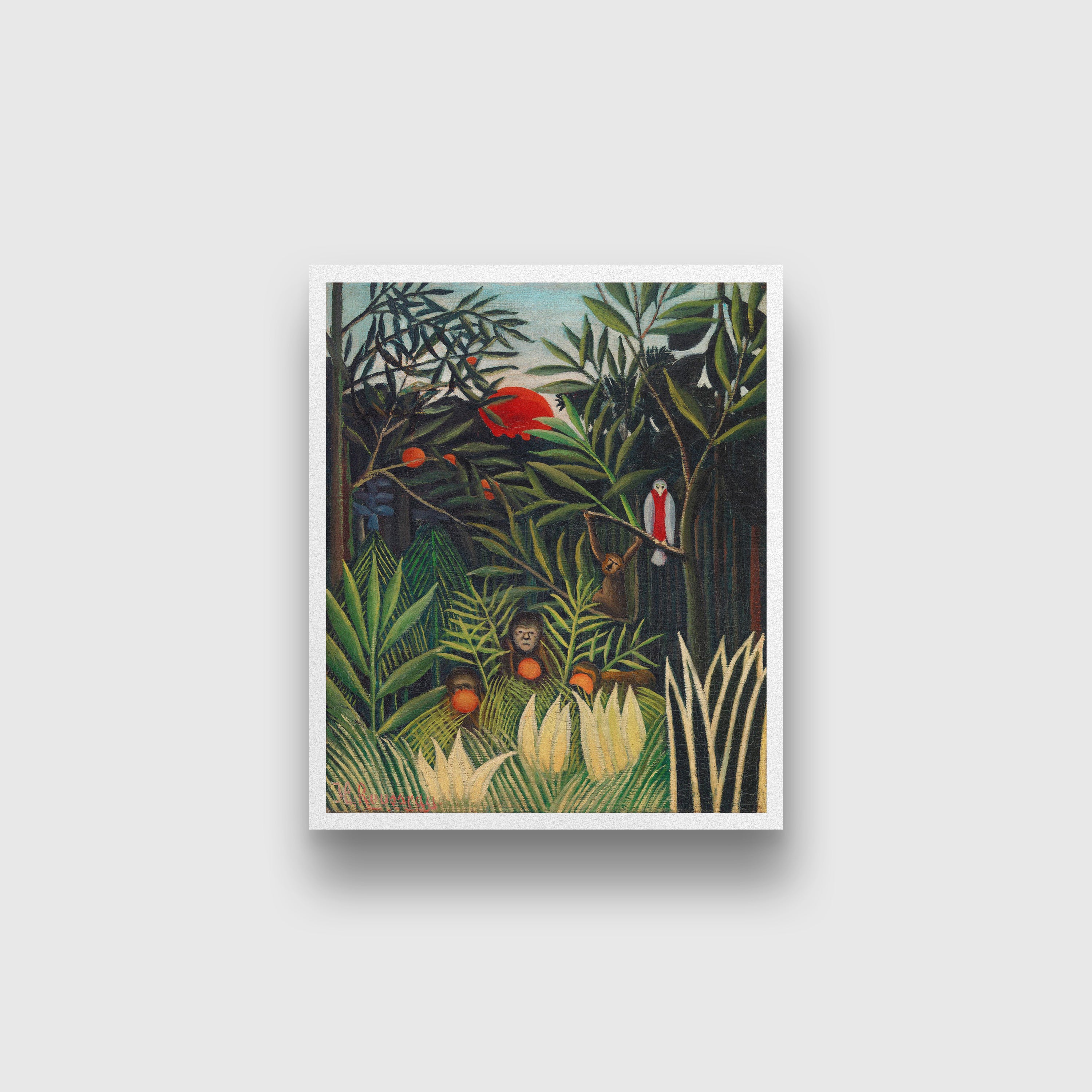 Monkeys and Parrot in the Virgin Forest painting - Meri Deewar 5 : 6 Vertical Premium Wall Art Canvas by MeriDeewar