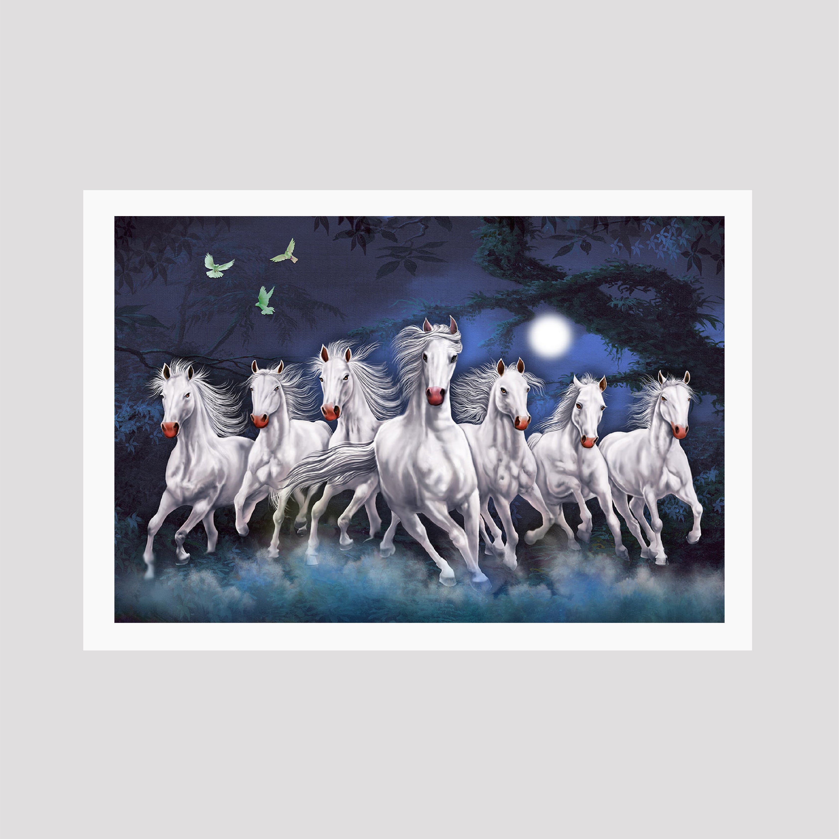 Moonlight Seven Horses Vastu Painting - Meri Deewar 3 : 2 Horizontal Premium Wall Art Canvas by MeriDeewar