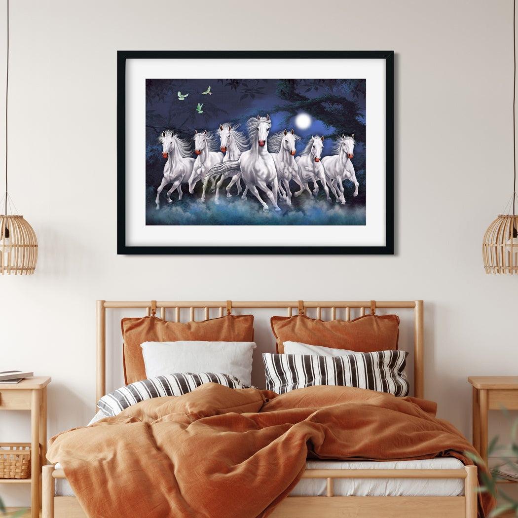 Moonlight Seven Horses Vastu Painting - Meri Deewar 3 : 2 Horizontal Premium Wall Art Canvas by MeriDeewar