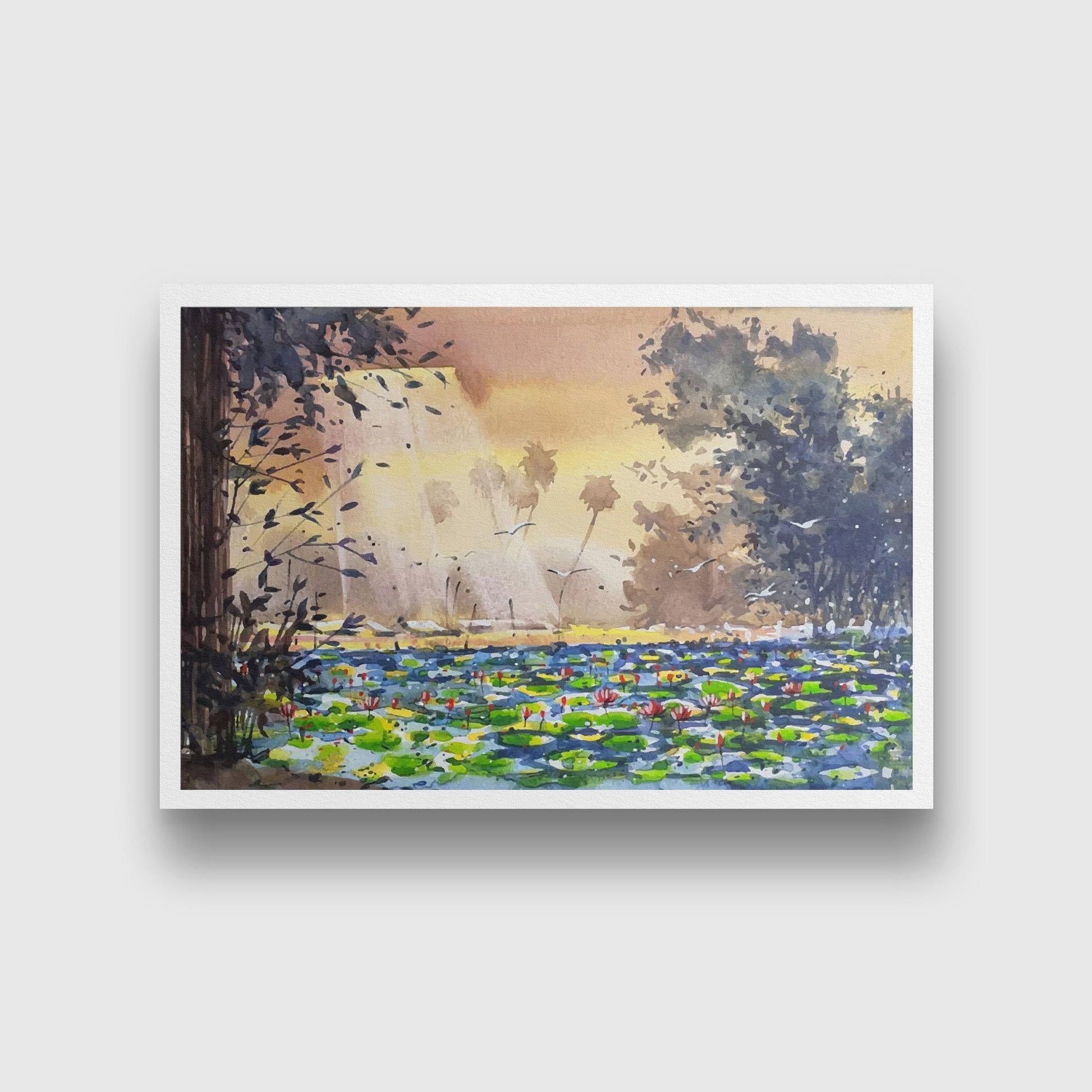 Morning Scene of Lotus Painting - Meri Deewar 4 : 3 Horizontal Premium Wall Art Canvas by MeriDeewar