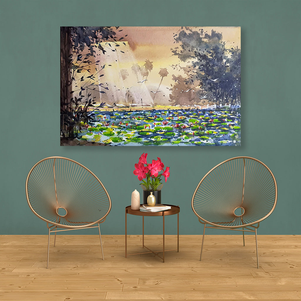Morning Scene of Lotus Painting - Meri Deewar 4 : 3 Horizontal Premium Wall Art Canvas by MeriDeewar