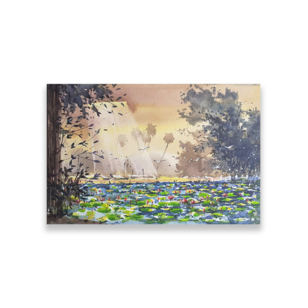 Morning Scene of Lotus Painting - Meri Deewar 4 : 3 Horizontal Premium Wall Art Canvas by MeriDeewar