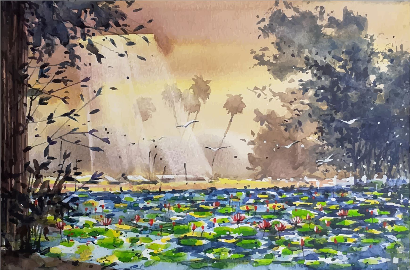 Morning Scene of Lotus Painting - Meri Deewar 4 : 3 Horizontal Premium Wall Art Canvas by MeriDeewar