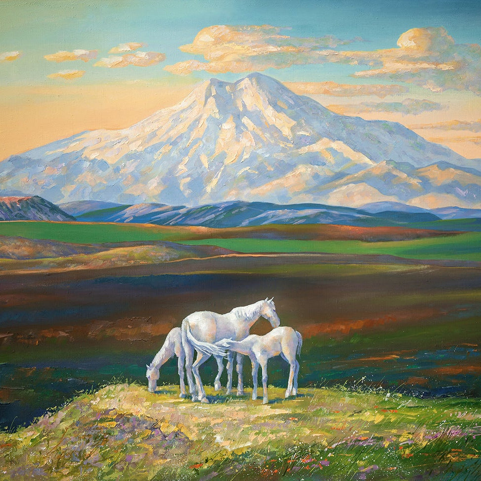 Mountain Landsacpe Horse Painting - Meri Deewar 4 : 3 Horizontal Premium Wall Art Canvas by MeriDeewar